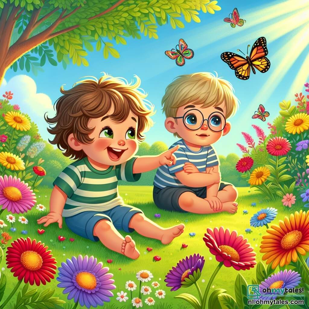 Illustratie van een zonnige tuin, vol kleurrijke bloemen met heldere rode, gele en paarse bloemblaadjes. In het midden zit een jongen van ongeveer 1 jaar met rommelig bruin haar en nieuwsgierige sprankelende ogen in het groene gras. Hij glimlacht breed met zijn handen uitgestrekt naar een mooie kleurrijke vlinder die om hem heen vliegt. Naast hem kijkt een andere jongen van ongeveer 5 jaar met blond haar en ronde bril vol verwondering naar de scène. Hij draagt een gestreept t-shirt en shorts en wijst naar de vlinder, terwijl hij zijn vreugde met zijn vriend deelt. De hoofdscene toont de twee jongens die samen lachen en spelen, omringd door de schoonheid van de natuur. Zonne stralen filteren door de bladeren van de bomen, wat een warme en vriendelijke sfeer creëert. Vogels zingen op de achtergrond, wat bijdraagt aan de vrolijke sfeer van het moment.