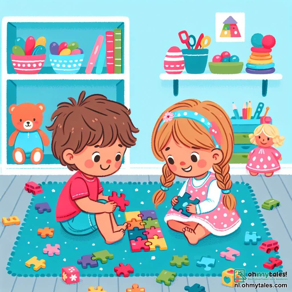Illustration destinée aux enfants représentant une salle de jeux lumineuse et colorée, avec des murs peints en bleu ciel et des étagères remplies de jouets colorés. Au centre, un garçon de 3 ans avec des cheveux bruns en bataille, portant un t-shirt rouge et un short bleu, est assis par terre, souriant et concentré sur une grande puzzle colorée qu'il assemble. À côté de lui, une fille de 4 ans aux cheveux blonds tressés, vêtue d'une robe rose à pois, est en train de lui montrer un morceau de puzzle avec enthousiasme. Ils sont entourés de jouets éparpillés, comme des blocs multicolores et des poupées, illustrant leur collaboration joyeuse et leur amitié, symbolisant l'égalité des genres à travers le jeu.