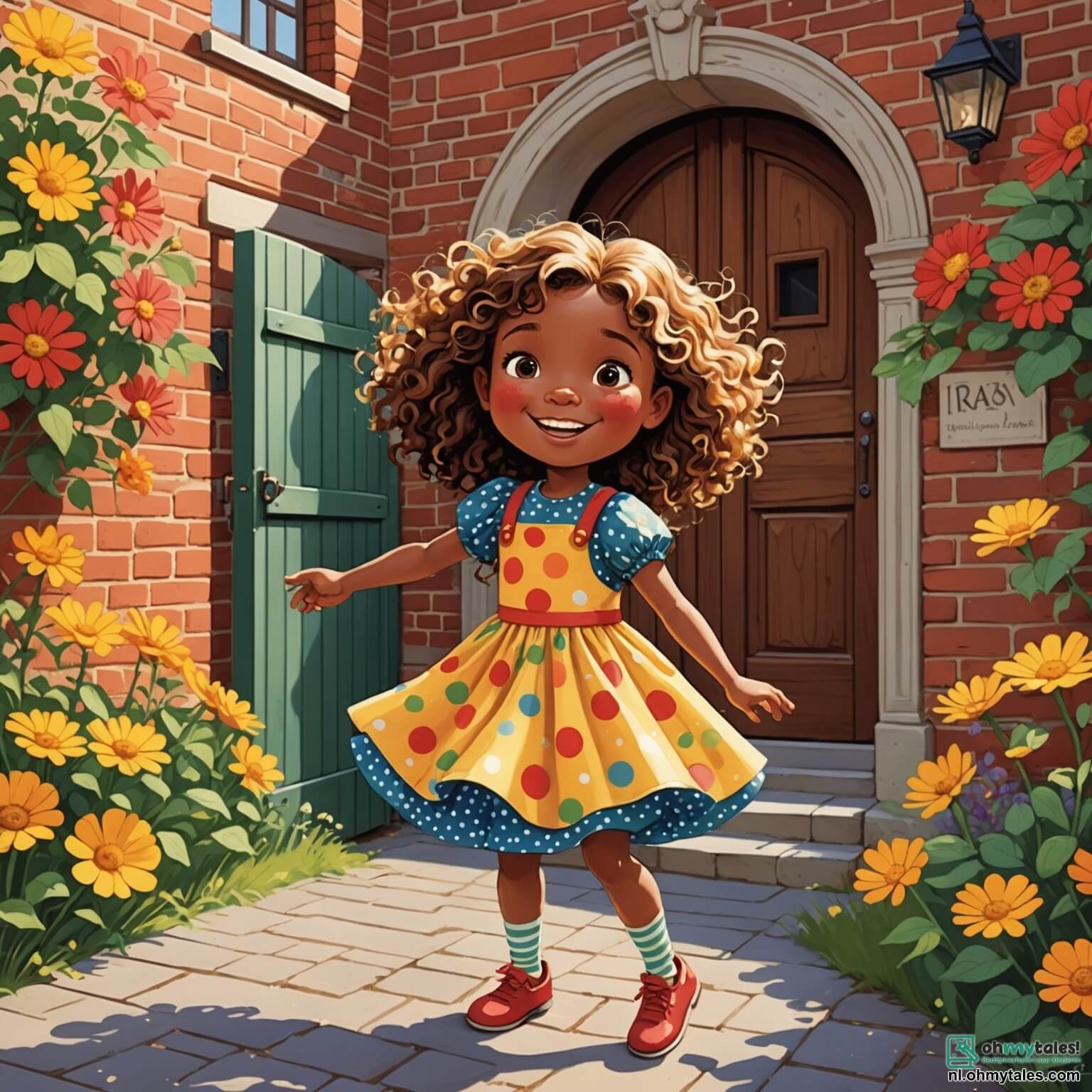 Une illustration destinée aux enfants représentant une petite fille aux cheveux bouclés et brillants comme des rayons de soleil, portant une robe à pois colorés qui danse au gré du vent, se tenant devant une école aux murs de briques rouges ornés de fleurs multicolores, avec un grand portail en bois qui s'ouvre sur une cour animée où des enfants rient et jouent, tandis qu'elle, le cœur battant d'excitation et de nervosité, se prépare à entrer dans sa nouvelle classe pour rencontrer sa gentille amie aux cheveux blonds et ses camarades de jeu, tous impatients de découvrir ensemble les merveilles de cette nouvelle année scolaire.