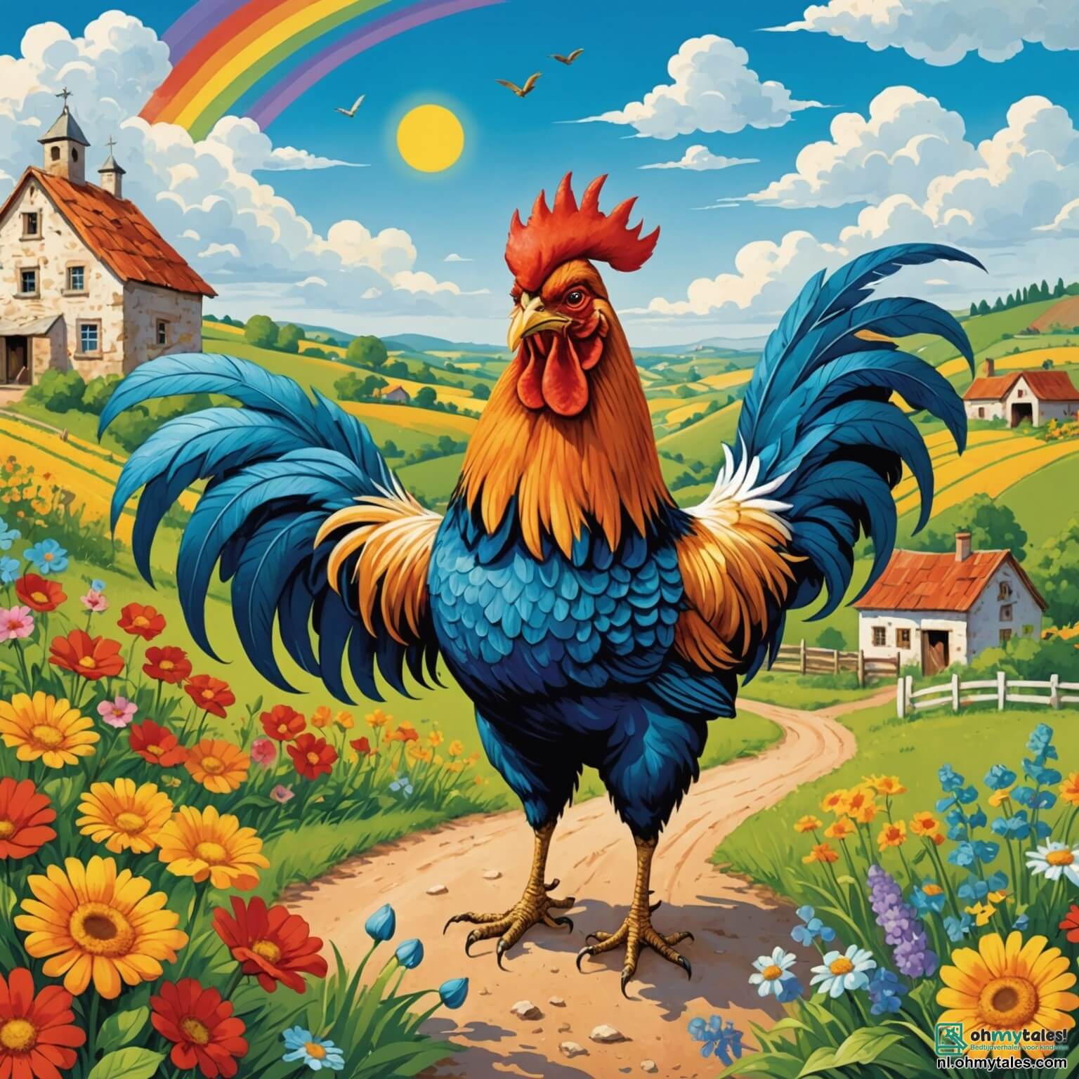 Une illustration destinée aux enfants représentant un coq courageux aux plumes éclatantes comme un arc-en-ciel, se tenant fièrement au milieu d'une ferme pittoresque, entourée de champs verdoyants et de fleurs colorées, où un chien loyal, un garçon, l'accompagne dans une quête palpitante pour sauver une petite renarde perdue, tout cela sous un ciel bleu parsemé de nuages cotonneux.