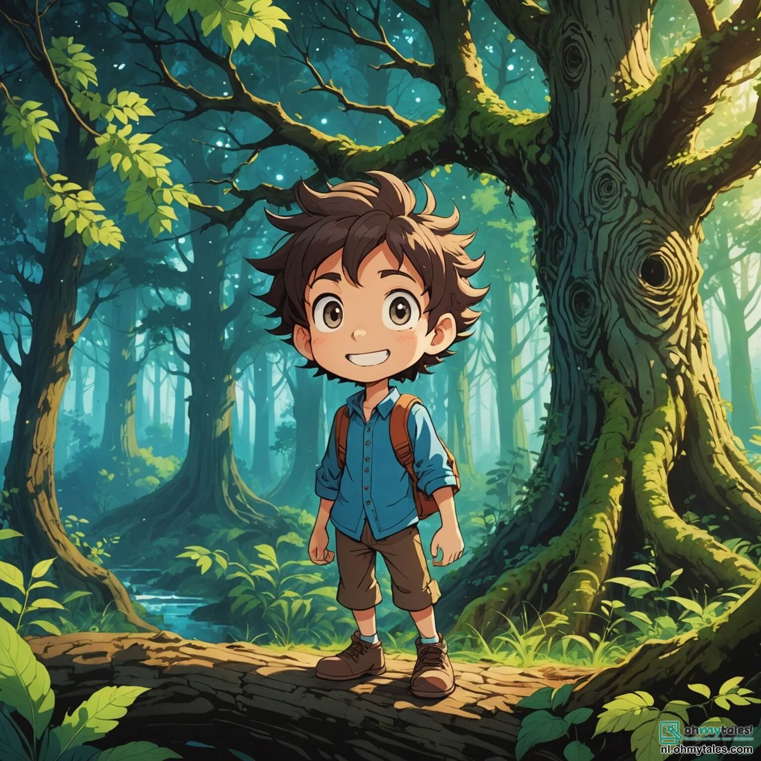 Une illustration destinée aux enfants représentant un garçon aux yeux pétillants de curiosité, avec des cheveux ébouriffés et un sourire espiègle, se tenant à l'orée d'une forêt mystérieuse où les arbres majestueux, aux troncs noueux et aux feuilles scintillantes, semblent chuchoter des secrets anciens. Dans cette aventure palpitante, il se lance à la découverte d'un monde magique, accompagné d'une petite eekhoorn malicieuse, tandis que le doux murmure d'une cascade et le chant des oiseaux emplissent l'air d'une mélodie envoûtante.