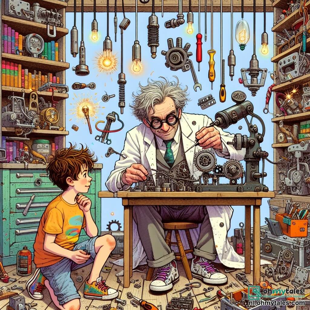 Illustratie van een uitvindersatelier, vol vreemde machines en verspreide metalen onderdelen. Planken vol boeken met kleurrijke covers en gereedschappen die aan het plafond hangen creëren een magische en chaotische sfeer. In het midden staat een man met onverzorgd haar en een grote ronde bril, gekleed in een met olie bevlekte labjas, die zich over een complexe machine buigt. Hij heeft een vastberaden glimlach op zijn gezicht, geconcentreerd op zijn werk. Naast hem staat een jongen van ongeveer tien jaar, met rommelig bruin haar en nieuwsgierige ogen, die aandachtig kijkt. Hij draagt een kleurrijk t-shirt en een korte broek, met een schroevendraaier in zijn hand, klaar om te helpen. De scène toont de man die een uitvinding van schoenen met klittenband test, terwijl gereedschappen en onderdelen om hen heen vliegen, wat de creatieve energie van hun samenwerking symboliseert. Bliksemflitsen van inspiratie en spraakballonnen zweven om hen heen, wat een speelse toets toevoegt aan deze uitvinderssfeer.