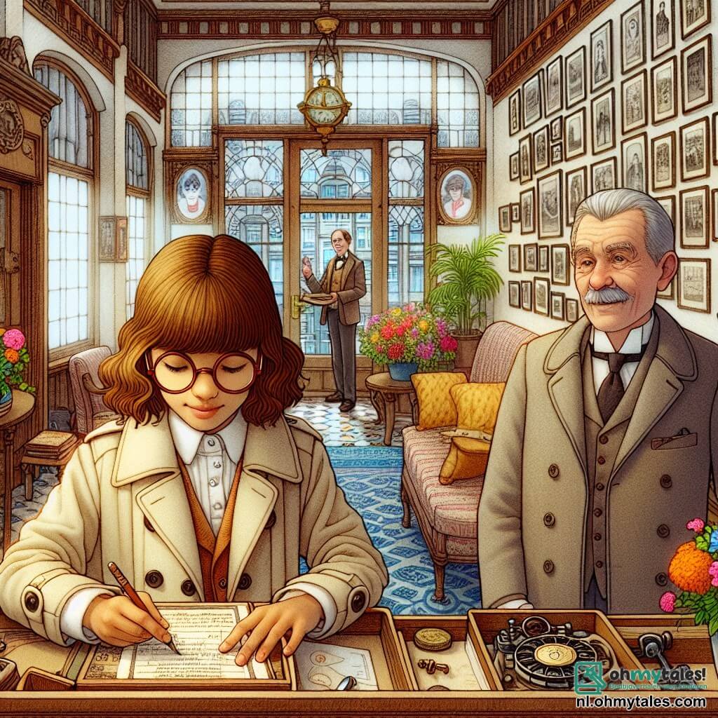 Une illustration sous forme de dessin destinée aux enfants représentant l'intérieur du charmant Hotel de Gouden Ster à Amsterdam, avec ses murs ornés de vieilles photos et des fleurs colorées sur les fenêtres, où une jeune fille détective aux cheveux châtains et aux lunettes rondes, vêtue d'une veste légère, examine attentivement un vieux document sur une table, tandis qu'un homme âgé au visage bienveillant et à la moustache grise, vêtu d'un uniforme de concierge, l'observe avec curiosité, alors qu'ils discutent des mystères entourant la disparition d'une clé précieuse, créant une atmosphère intrigante et pleine de secrets à découvrir.