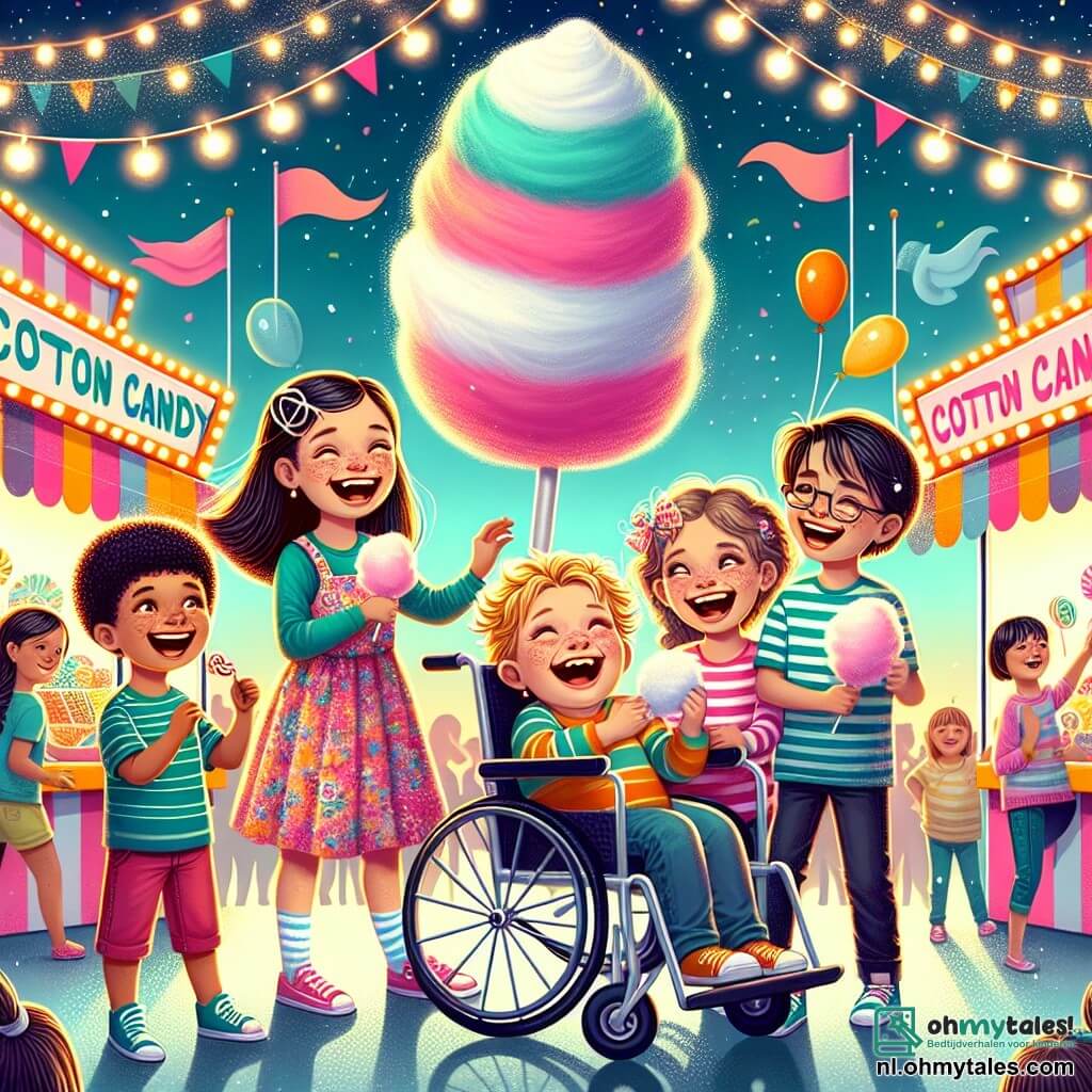 Illustratie van een vrolijke scène op de kermis. Op de achtergrond verkopen kleurrijke kraampjes snoepgoed, met fonkelende lichtjes en ballonnen die in de blauwe lucht zweven. Op de voorgrond staan vier vrienden, twee meisjes en twee jongens, rond een grote suikerspin. Het eerste meisje, ongeveer 12 jaar oud, heeft lang bruin haar en draagt een bloemenjurk, ze lacht hard terwijl ze een enorme suikerspin vasthoudt die bijna tot haar taille reikt. De tweede jongen, ook 12 jaar, heeft rommelig blond haar en draagt een gestreept t-shirt, hij maakt een grappige grimasse terwijl hij probeert een hap van de suikerspin te nemen. Het derde meisje, in een rolstoel, heeft krullend haar en draagt een kleurrijk t-shirt, ze glimlacht met sprankelende ogen terwijl ze een kleine suikerspin in haar hand houdt. De laatste jongen, met een bril en kastanjebruin haar, maakt een foto met een camera, waarbij hij dit hilarische moment vastlegt. Gelach en confetti zweven om hen heen, wat een feestelijke sfeer toevoegt aan deze scène vol vreugde en vriendschap.