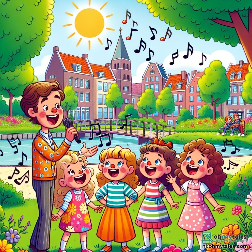 Une illustration sous forme de dessin destinée aux enfants représentant un parc ensoleillé de Muziekstad, avec des arbres verdoyants et des fleurs colorées, où un homme au sourire chaleureux, aux cheveux bruns et aux vêtements colorés, chante joyeusement avec un groupe de cinq enfants : trois filles aux cheveux bouclés et aux robes vives, et deux garçons aux t-shirts rayés, tous captivés par la musique et riant ensemble, tandis qu'ils apprennent à chanter et à créer des harmonies, entourés de notes de musique flottant dans l'air.