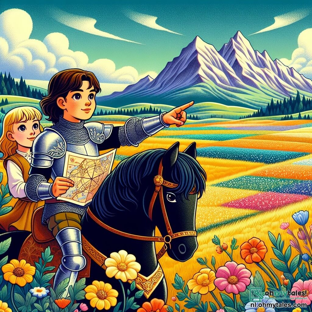 Une illustration sous forme de dessin destinée aux enfants représentant une vaste prairie colorée par des fleurs éclatantes, où une courageuse chevaleresse aux longs cheveux bruns, vêtue d'une armure scintillante, monte fièrement son cheval noir tout en tenant une carte ancienne, accompagnée d'une petite fille aux cheveux blonds et aux yeux pétillants, qui pointe du doigt une montagne lointaine, symbolisant leur quête pour trouver un remède afin de sauver leur royaume d'une mystérieuse maladie.