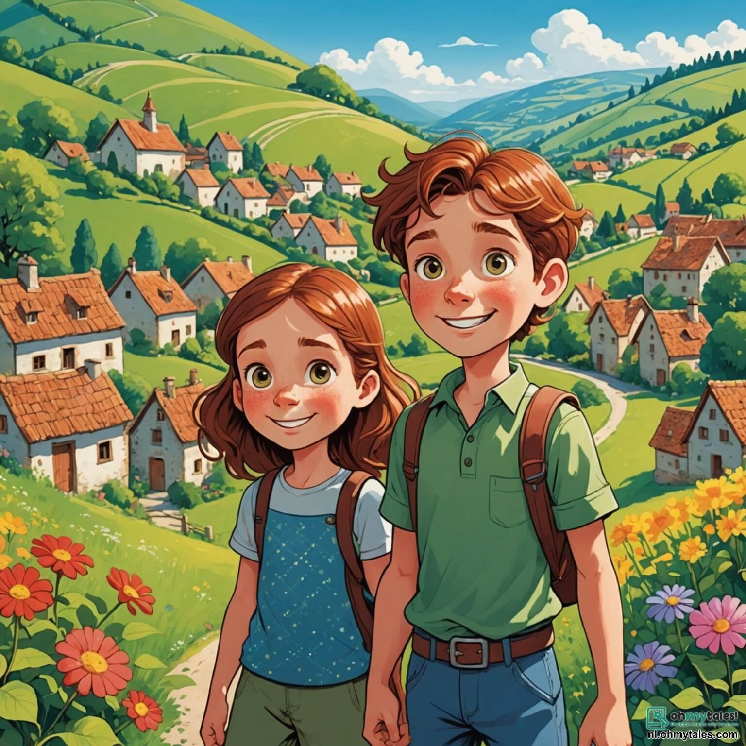 Une illustration destinée aux enfants représentant un jeune garçon aux cheveux châtains et aux yeux pétillants, débordant d'énergie et de curiosité, se tenant dans un village pittoresque entouré de collines verdoyantes et de fleurs colorées, où il découvre avec enthousiasme l'arrivée d'une nouvelle voisine, une fille souriante aux longs cheveux tressés, qui partage avec lui le rêve d'organiser une journée festive pour célébrer l'égalité entre les garçons et les filles, dans un parc ensoleillé parsemé d'arbres majestueux, de rires d'enfants et de jeux colorés, où ils s'unissent pour défier les stéréotypes et prouver que chacun, peu importe son genre, peut briller dans ses passions et talents.
