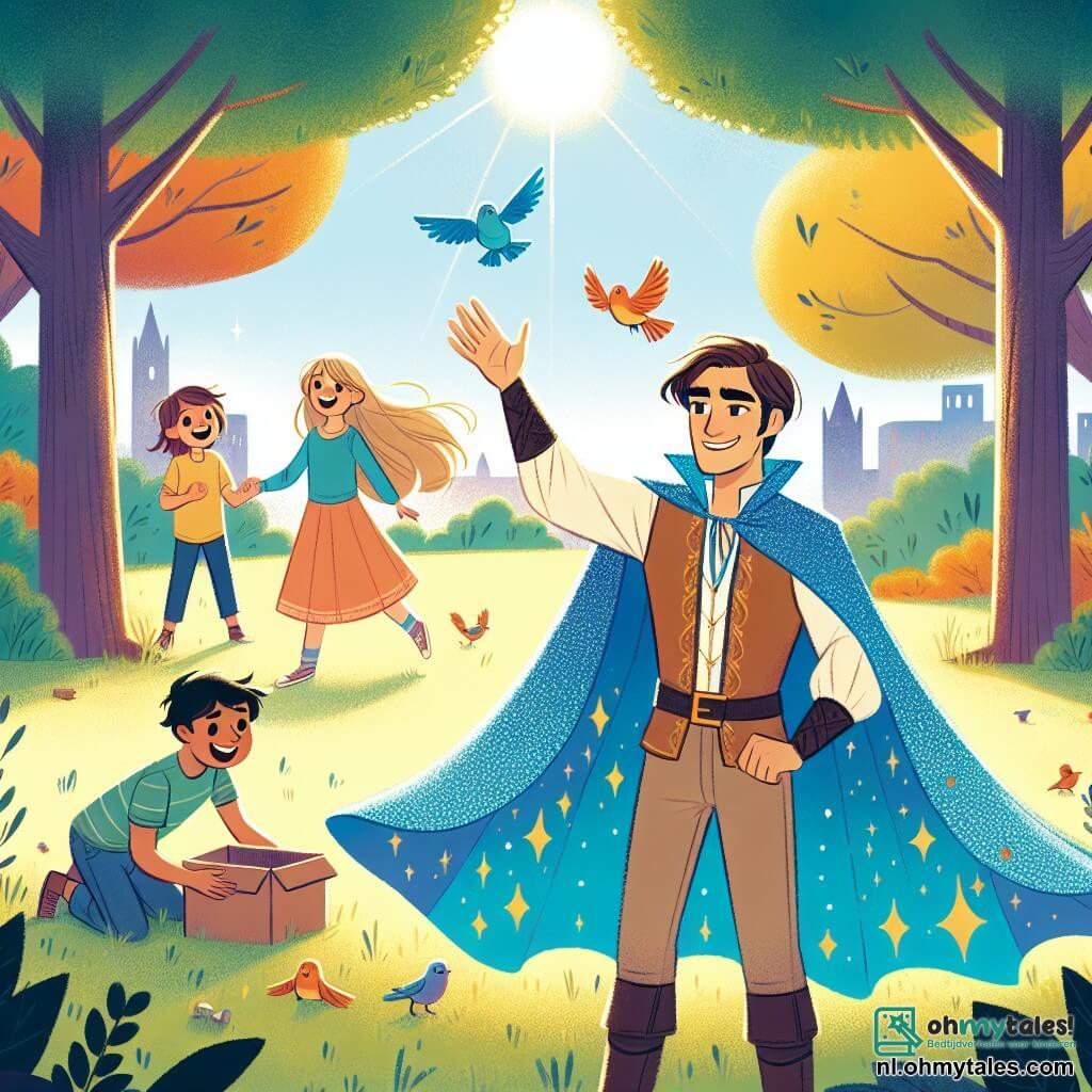 Une illustration sous forme de dessin destinée aux enfants représentant un parc ensoleillé avec des arbres colorés et des enfants jouant, au premier plan un homme aux cheveux bruns et à la cape bleue scintillante, souriant et utilisant ses pouvoirs pour faire flotter des jouets dans les airs, tandis qu'à ses côtés se tiennent une fille aux cheveux longs et blonds, parlant avec des oiseaux, et un garçon musclé aux cheveux courts, levant une boîte avec enthousiasme, tous trois unis pour célébrer la joie et l'amitié tout en affrontant un mystérieux voleur de bonheur qui se cache dans l'ombre.