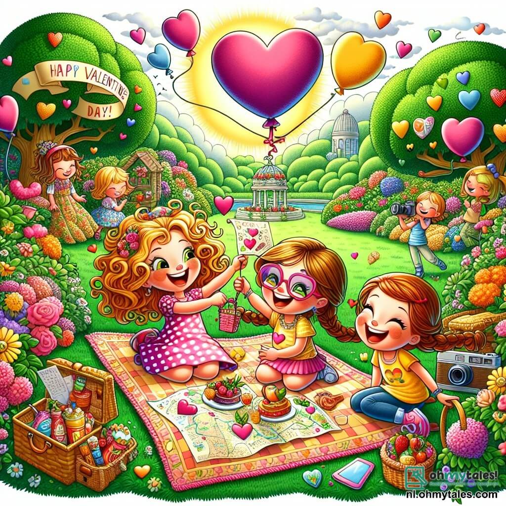 Illustratie van een blije scène in een zonnig park, vol kleurrijke bloemen en grote groene bomen. In het midden ligt een groot picknickkleed op het gras, versierd met papieren harten en zwevende ballonnen. Drie meisjes van ongeveer 9 jaar staan rond het kleed. De eerste, met blond krullend haar, draagt een roze jurk met witte stippen en glimlacht vrolijk terwijl ze een schatkaart vasthoudt. De tweede, met gevlochten bruin haar, is gekleed in een gele t-shirt en een bloemenrok, ze lacht terwijl ze een papieren hart laat zien dat ze heeft gemaakt. De derde, met kastanjebruin haar en een bril, draagt een blauwe trui en jeans, ze maakt een grappige foto met een camera. De hoofdscène toont de kinderen die Valentijnsdag vieren, omringd door heerlijke lekkernijen zoals hartvormige taarten en kleurrijk fruit. Gelach en vreugde vullen de lucht, terwijl vogels in de bomen zingen. Op de achtergrond spelen andere kinderen en hebben plezier, wat bijdraagt aan de feestelijke sfeer van deze speciale dag gewijd aan vriendschap en liefde.