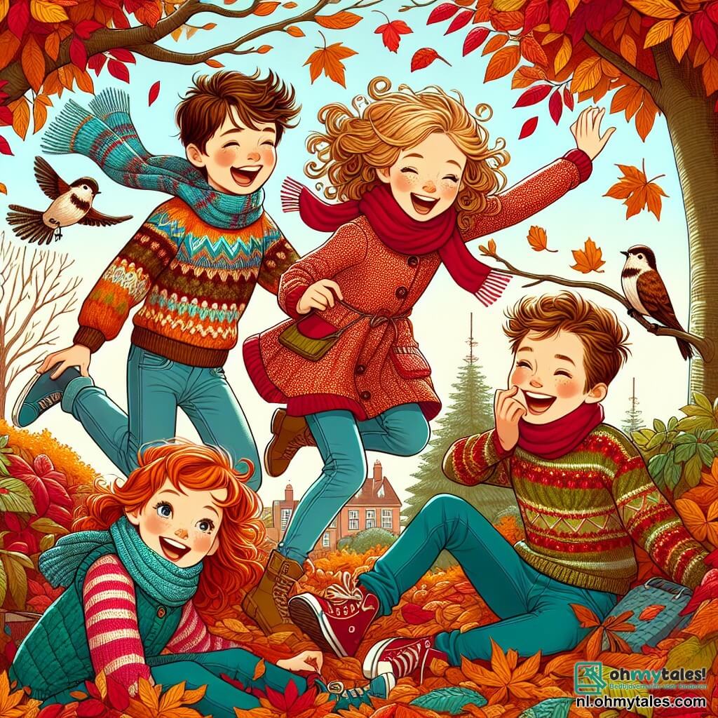 Une illustration sous forme de dessin destinée aux enfants représentant une belle jardin d'automne, rempli de feuilles dorées et rouges, où un groupe de quatre enfants de 9 ans, deux garçons aux cheveux bruns et un garçon blond, ainsi qu'une fille aux cheveux bouclés et roux, rient et s'amusent en sautant dans une grande pile de feuilles, tandis qu'ils portent des pulls colorés et des écharpes, avec un oiseau curieux les observant depuis une branche, capturant l'esprit joyeux et ludique de la saison automnale.