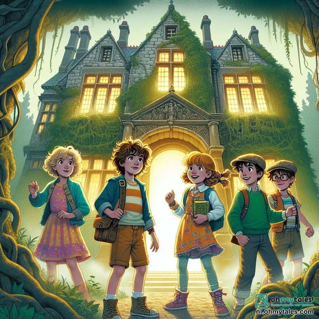 Illustratie van een oud en mysterieus landhuis aan de rand van het dorp Blijburg. Het landhuis is omgeven door weelderige vegetatie, met lianen die zich aan de met mos bedekte stenen muren vastklampen. De ramen zijn stoffig en sommige zijn gebroken, waardoor mysterieuze schaduwen binnen te zien zijn. 

Op de voorgrond staan vier vrienden samen, elk ongeveer negen jaar oud. Een meisje met krullend blond haar, gekleed in een kleurrijke jurk, kijkt nieuwsgierig naar een klein poortje dat een zachte gloed uitstraalt. Naast haar staat een jongen met bruin, tousled haar, in een t-shirt en shorts, met een dappere glimlach, klaar om op avontuur te gaan. Een ander meisje, met vlechten en een bril, houdt een klein boek in haar handen, met wijde ogen van verwondering. Tot slot wijst een jongen met een achterstevoren pet en een vastberaden blik naar het poortje, alsof hij zijn vrienden aanmoedigt om het te passeren.

De hoofdscène toont de kinderen die zich voorbereiden om het magische poortje binnen te gaan, omgeven door een sfeer van opwinding en mysterie. Lichtflitsen schitteren om hen heen, en kleine, kleurrijke vliegende robots zweven in de lucht, wat een vleugje sciencefiction aan de scène toevoegt. Op de achtergrond lijkt het landhuis bijna levend, met schaduwen die achter de ramen dansen, wat suggereert dat buitengewone avonturen hen aan de andere kant van het poortje wachten.
