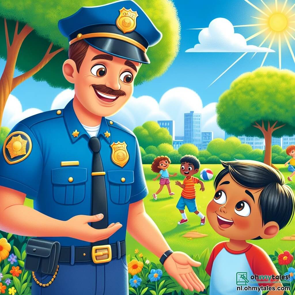 Illustratie van een zonnig park, gevuld met groene bomen met glanzende bladeren en kleurrijke bloemen die in de bries dansen. In het midden staat een man in een blauw politieuniform, met een grote glanzende badge op zijn borst, die warm glimlacht. Hij heeft bruin haar en draagt een politiehoed. Hij leunt lichtjes naar een jonge jongen van ongeveer 7 jaar met blond haar en sprankelende ogen, die een rode t-shirt en een blauwe short draagt. De jongen kijkt de man bewonderend aan, met zijn armen gekruist, klaar om naar zijn advies te luisteren. De scène toont de man die het belang van veiligheidsregels uitlegt, terwijl kinderen vrolijk op de achtergrond spelen, met een bal in de hand en een hond die om hen heen rent. De lucht is helderblauw, met enkele donzige witte wolken, en een stralende zon schijnt erboven, wat een vrolijke en gastvrije sfeer creëert.