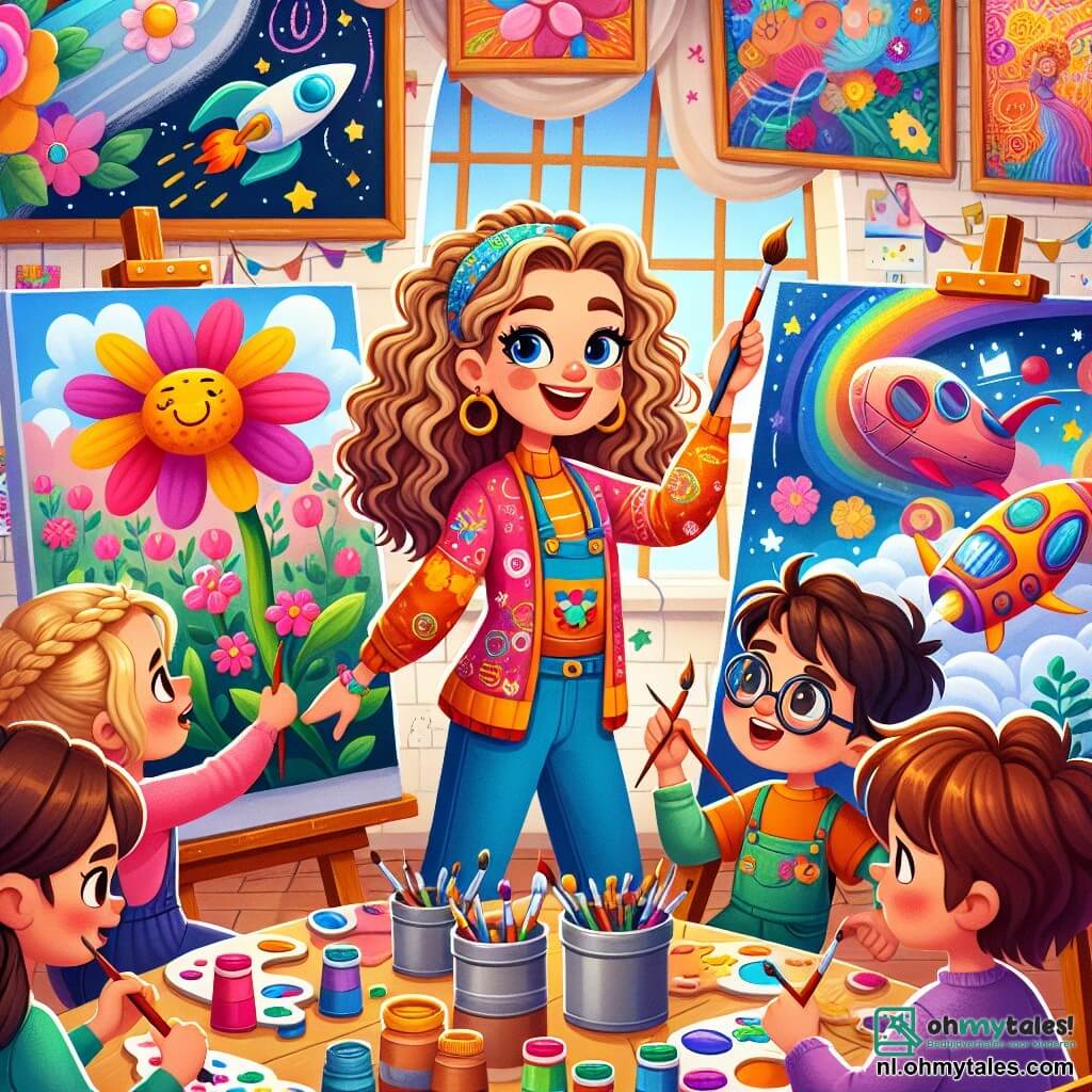 Une illustration sous forme de dessin destinée aux enfants représentant un atelier artistique lumineux et coloré, avec des murs couverts de peintures vibrantes, où une femme aux cheveux bouclés et aux vêtements éclatants, tenant un pinceau et souriant joyeusement, guide un groupe d'enfants : une fille aux cheveux blonds tressés qui peint un jardin fleuri, un garçon aux lunettes qui crée un vaisseau spatial, et un autre garçon aux cheveux bruns qui admire leur travail, tous entourés de pots de peinture et de toiles, illustrant la magie de la créativité et le plaisir de partager l'art ensemble.