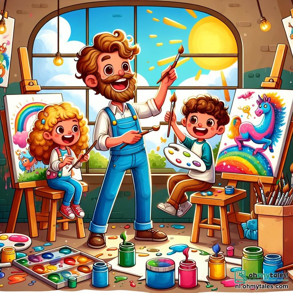 Une illustration sous forme de dessin destinée aux enfants représentant un atelier coloré rempli de toiles et de pots de peinture, où un homme aux cheveux bouclés et à la barbe soignée, vêtu d'un tablier éclaboussé de peinture, enseigne avec enthousiasme à deux enfants : une fille aux cheveux frisés et un garçon souriant, qui sont en train de peindre des créatures fantastiques sur des toiles, tandis que des rayons de soleil filtrent à travers les fenêtres, illuminant l'ambiance joyeuse et créative de cet instant magique.