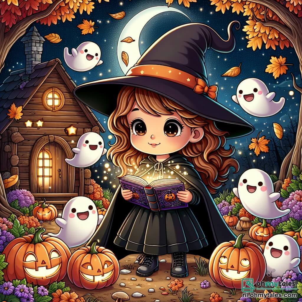 Une illustration sous forme de dessin destinée aux enfants représentant une scène magique d'Halloween dans une forêt enchantée, où une fille de 11 ans aux cheveux châtains et bouclés, vêtue d'un costume de sorcière avec une grande cape noire et un chapeau pointu, tient un petit livre scintillant dans ses mains, entourée de joyeux petits fantômes aux visages souriants et de pompes aux yeux pétillants, alors qu'elle découvre un ancien secret caché dans une vieille cabane en bois, avec des feuilles d'automne tourbillonnant autour d'eux sous un ciel étoilé.