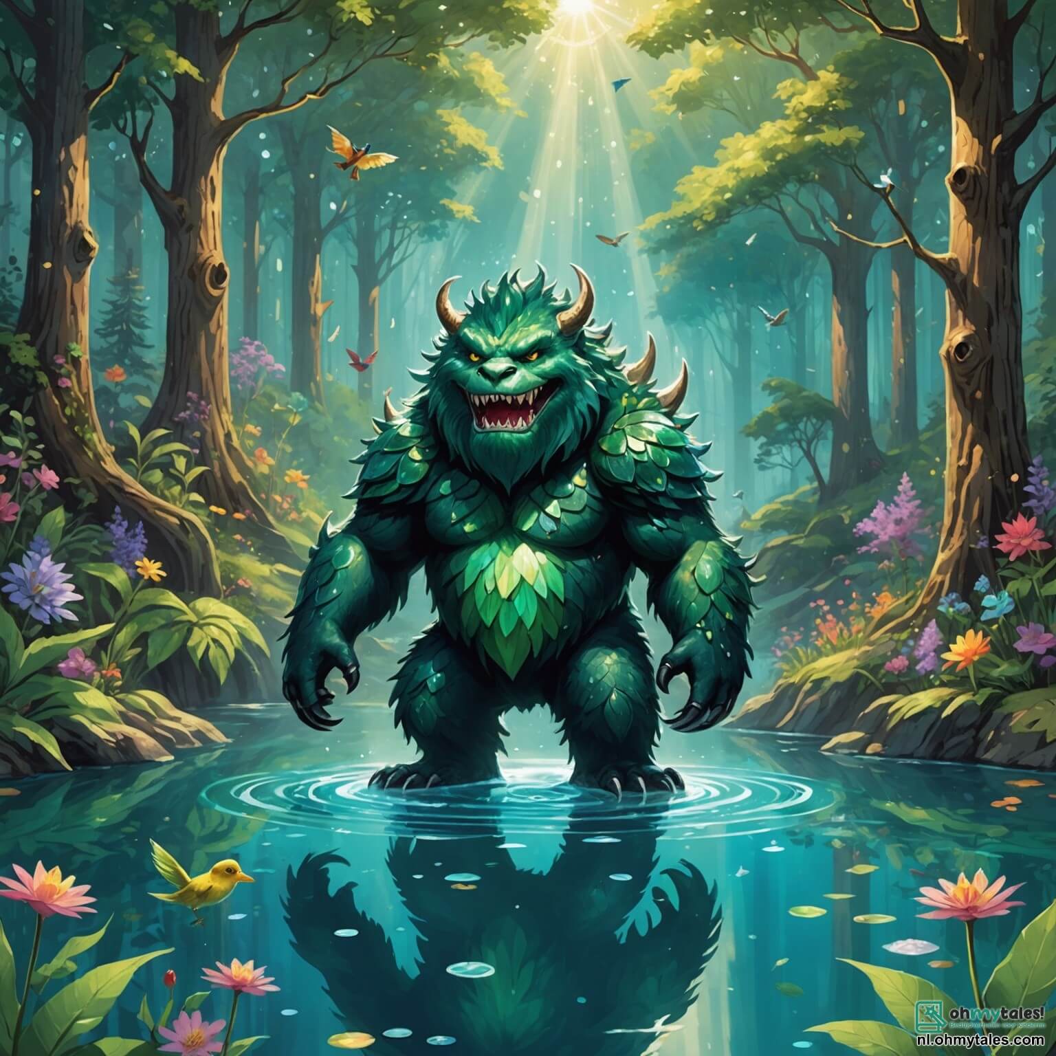 Une illustration destinée aux enfants représentant un grand monstre au pelage vert émeraude, aux yeux pétillants de gentillesse et aux dents scintillantes comme des étoiles, se tenant au bord d'une poêle d'eau cristalline dans une forêt enchantée où les arbres majestueux s'élèvent vers le ciel, leurs feuilles dansant au rythme d'une douce brise, tandis que des fleurs multicolores s'épanouissent autour de lui, et où un petit oiseau aux plumes chatoyantes, à la voix mélodieuse, et une délicate licorne à la crinière dorée, tous deux des amis fidèles, l'encouragent à plonger dans l'eau pour retrouver une étoile perdue, révélant ainsi la magie de l'amitié et le courage qui sommeille en lui.