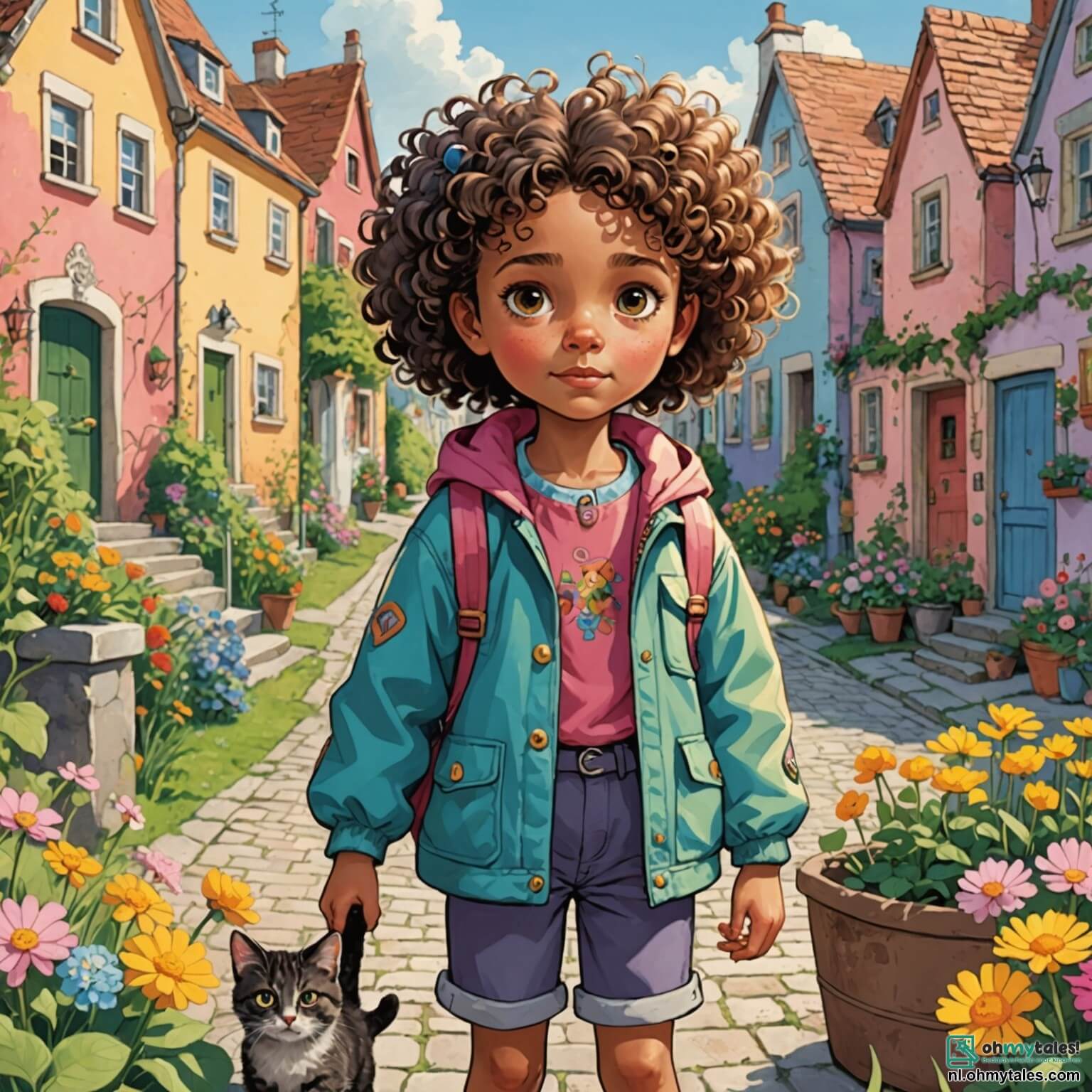 Une illustration destinée aux enfants représentant une intrépide petite fille aux cheveux bouclés et aux yeux pétillants de curiosité, vêtue d'une veste colorée ornée de poches pleines de trésors, se tenant au milieu d'un village pittoresque où les maisons aux façades pastel sont entourées de jardins fleuris, tandis qu'elle scrute avec détermination les environs à la recherche de son chat adoré, accompagné de son meilleur ami, un garçon au sourire malicieux et aux cheveux en bataille, tous deux plongés dans une enquête captivante qui les mène à travers des ruelles pavées, des parcs ombragés et des coins mystérieux, à la découverte de secrets cachés et d'amitiés inattendues.