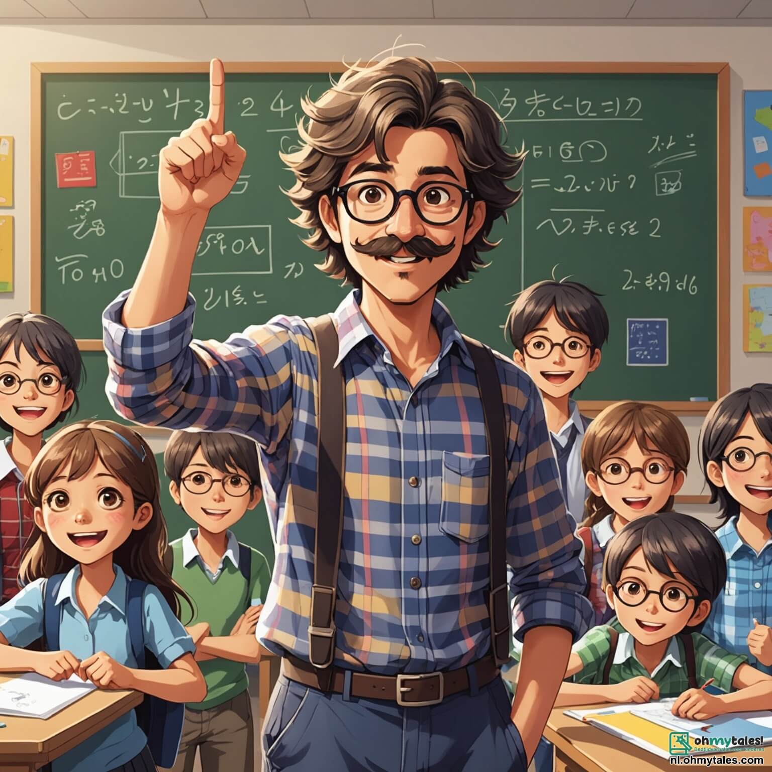 Une illustration destinée aux enfants représentant un instituteur jovial aux cheveux ébouriffés et à la moustache frétillante, vêtu d'une chemise à carreaux colorée, se tenant debout devant un tableau noir poussiéreux dans une salle de classe ensoleillée aux murs ornés de dessins d'élèves et de posters éducatifs, entouré de jeunes élèves, dont une fille aux lunettes rondes qui lève la main avec enthousiasme et un garçon aux cheveux en bataille qui chuchote une blague à son voisin, tandis que des rayons de lumière filtrent à travers les fenêtres, illuminant les sourires radieux et l'excitation palpable d'une journée d'apprentissage pleine de découvertes et d'aventures.