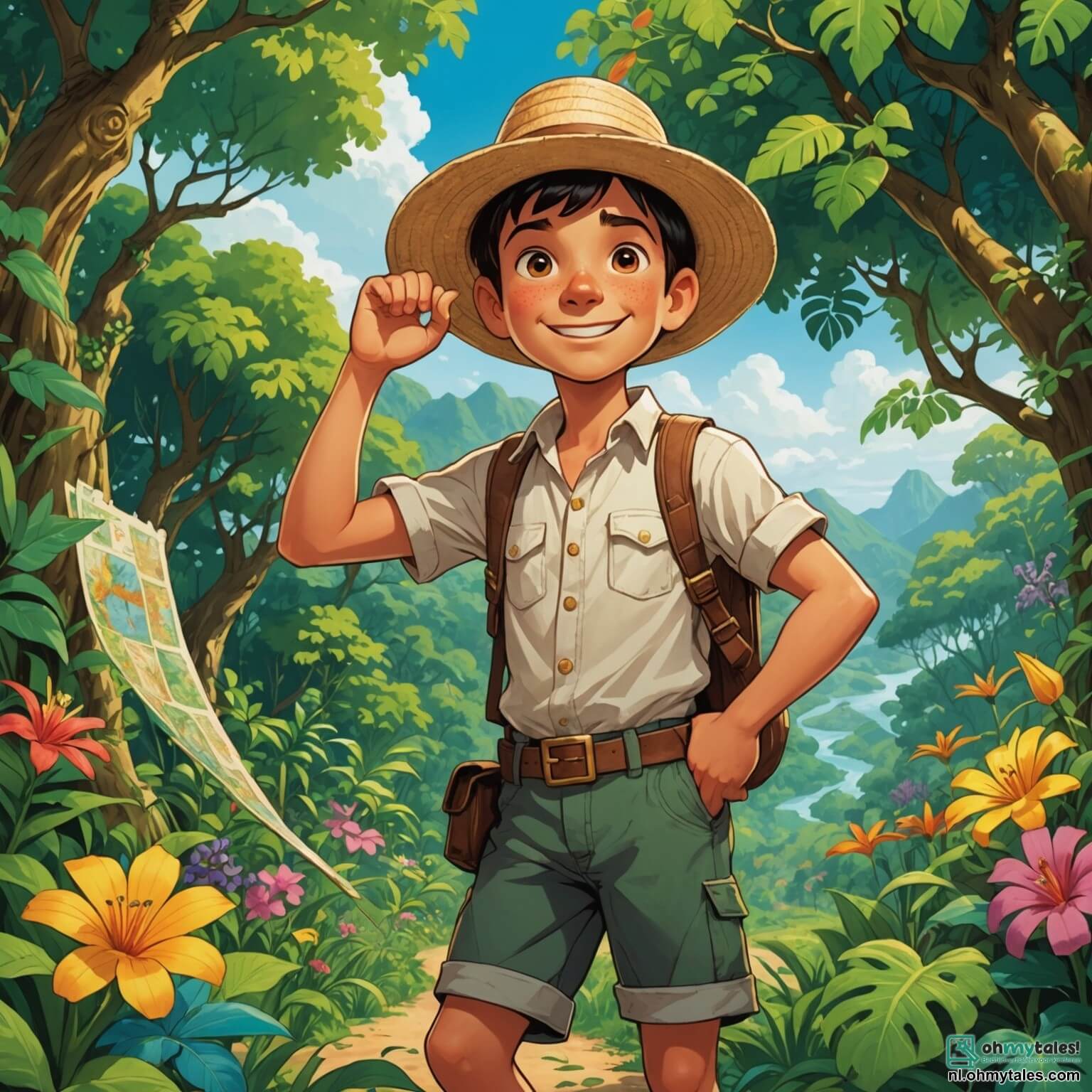 Une illustration destinée aux enfants représentant un homme intrépide avec une grande carte enroulée sous le bras, un chapeau de paille sur la tête et des yeux pétillants d'excitation, se tenant à l'orée d'une jungle luxuriante où les arbres majestueux, aux troncs épais et tortueux, s'élèvent vers le ciel, tandis que des lianes vertes et des fleurs éclatantes de couleurs vives s'accrochent aux branches, et où un jeune homme au sourire chaleureux, son compagnon fidèle, l'encourage à s'aventurer plus loin dans ce monde mystérieux, peuplé de chants d'oiseaux exotiques et de bruissements d'animaux cachés, alors qu'ils cherchent ensemble une légendaire pierre magique censée apporter le bonheur, tout en évitant les dangers que recèle cette nature sauvage.