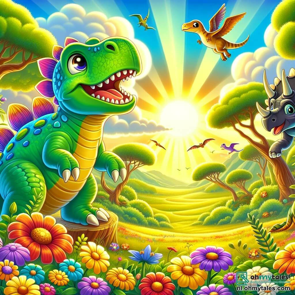 Illustratie van een levendige scène in een prehistorische vallei, badend in gouden licht. Kleurrijke bloemen in felle tinten van rood, geel en paars bedekken de grond, terwijl grote bomen met weelderig groene bladeren majestueus naar de blauwe lucht oprijzen. In het midden van de afbeelding staat een grote stegosaurus met een rug vol botplaten in de vorm van schilden, met een groene huid en bruine vlekken, vrolijk met een brede glimlach op zijn gezicht. Hij kijkt naar de zonovergoten lucht, alsof hij zijn vrienden roept om te spelen. Naast hem springt een kleine velociraptor met een feloranje huid en sprankelende ogen, met scherpe klauwen, enthousiast en klaar voor avontuur. Op de achtergrond voegt een triceratops met imposante hoorns en een grijze huid zich bij hen, met een vriendelijke uitdrukking. De scène straalt een sfeer van kameraadschap en opwinding uit, met donzige wolken die zachtjes in de lucht drijven en kleurrijke vogels die om hen heen fladderen.