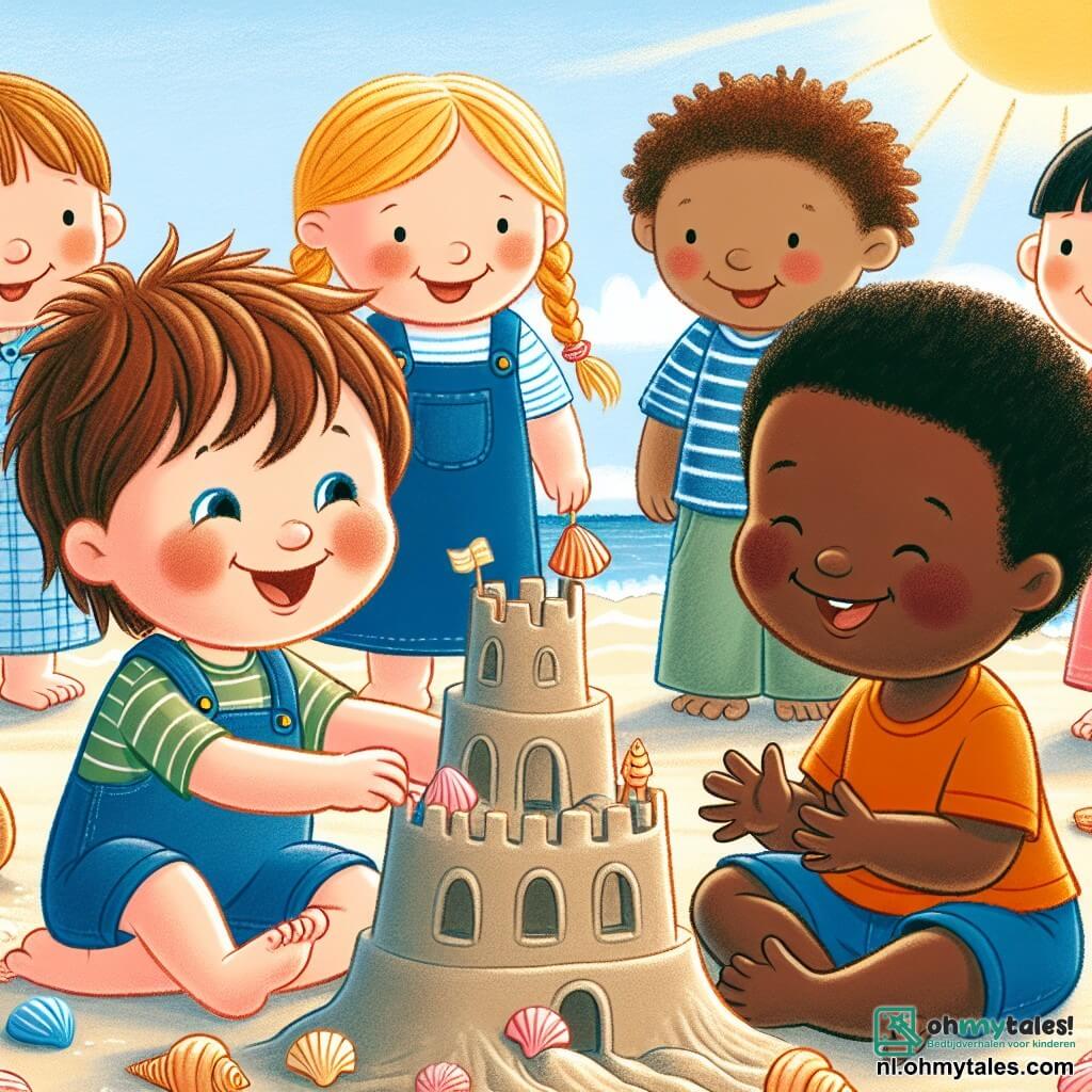 Une illustration sous forme de dessin destinée aux enfants représentant une joyeuse scène dans une aire de jeux ensoleillée, avec un garçon de 3 ans aux cheveux bruns et aux yeux pétillants, souriant tout en construisant un grand château de sable aux côtés d'un autre garçon de 4 ans, à la peau foncée et aux cheveux crépus, qui rit en ajoutant des coquillages au château, tandis qu'un groupe d'enfants, dont une fille aux longs cheveux blonds tressés, les observe avec curiosité, illustrant ainsi un moment de tolérance et d'amitié naissante entre des enfants de différentes origines.