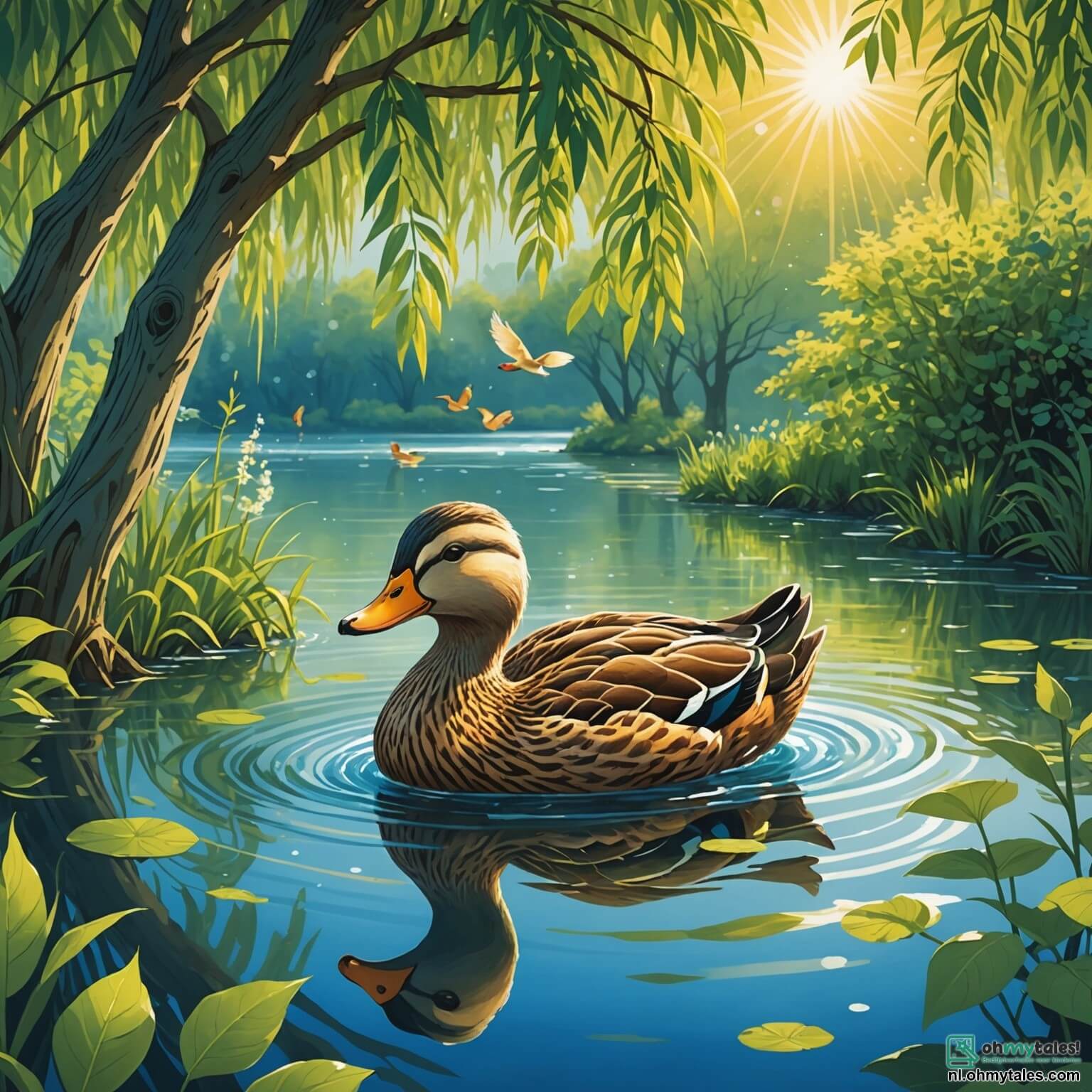 Une illustration destinée aux enfants représentant un canard au plumage éclatant comme le soleil, nageant joyeusement dans une paisible et scintillante étendue d'eau entourée de majestueux saules pleureurs dont les branches caressent doucement la surface miroitante, tandis qu'il se lance courageusement dans une aventure palpitante pour aider une petite renarde aux yeux brillants, coincée dans une épaisse haie de ronces, le tout se déroulant dans un charmant village où les fleurs colorées dansent au gré du vent et où les rires des autres animaux résonnent comme une douce mélodie.