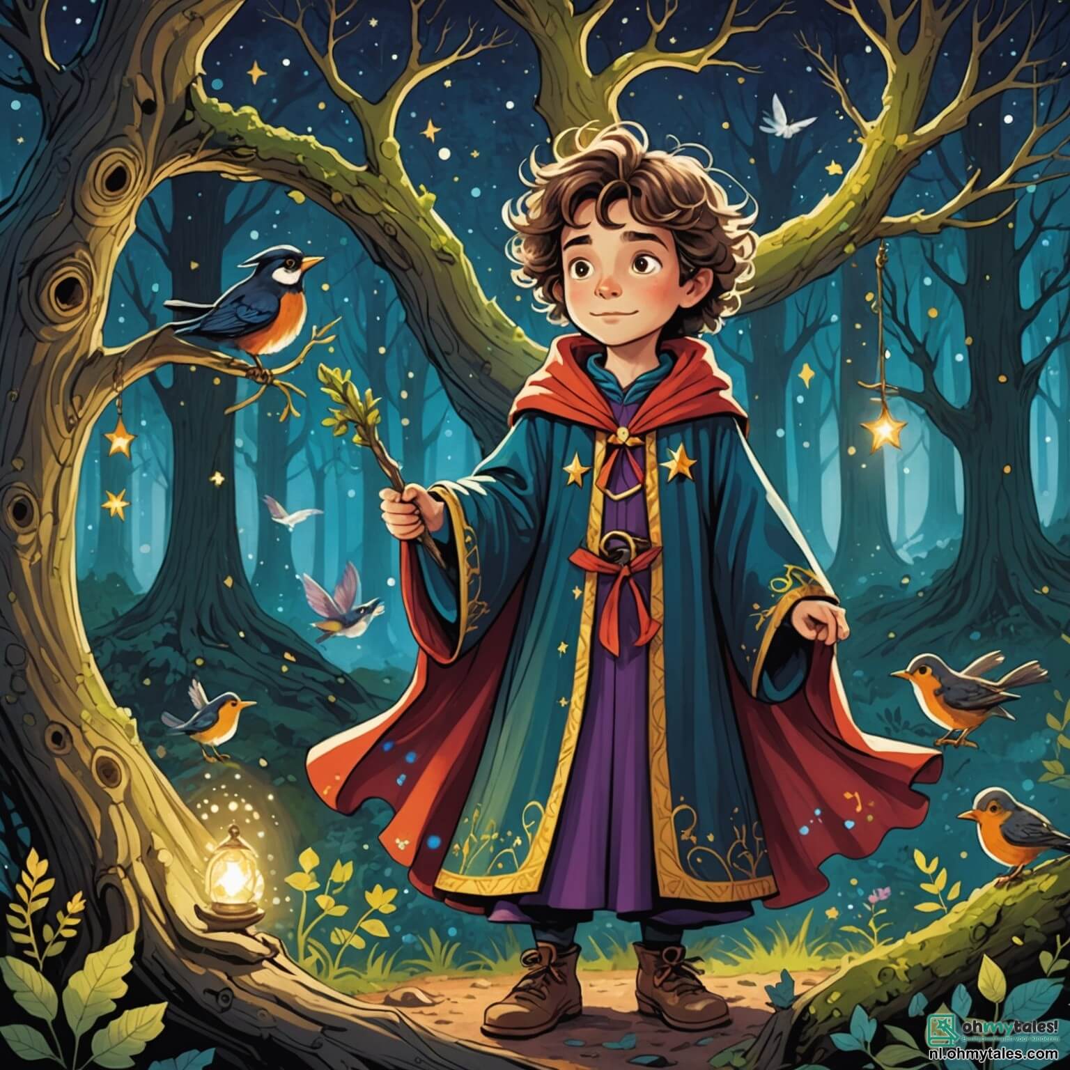 Une illustration destinée aux enfants représentant un jeune sorcier aux cheveux ébouriffés et à la grande robe colorée, se tenant au milieu d'une forêt enchantée où les arbres aux troncs torsadés semblent murmurer des secrets, entouré de ses amis, une petite sorcière aux yeux pétillants et à la robe étoilée, ainsi qu'un oiseau aux plumes chatoyantes qui virevolte joyeusement autour d'eux, alors qu'ils s'apprêtent à vivre une aventure pleine de magie et de rires, cherchant des bananes ensorcelées sous les branches d'une immense arbre aux feuilles scintillantes, illuminées par des rayons de soleil dorés qui filtrent à travers le feuillage.