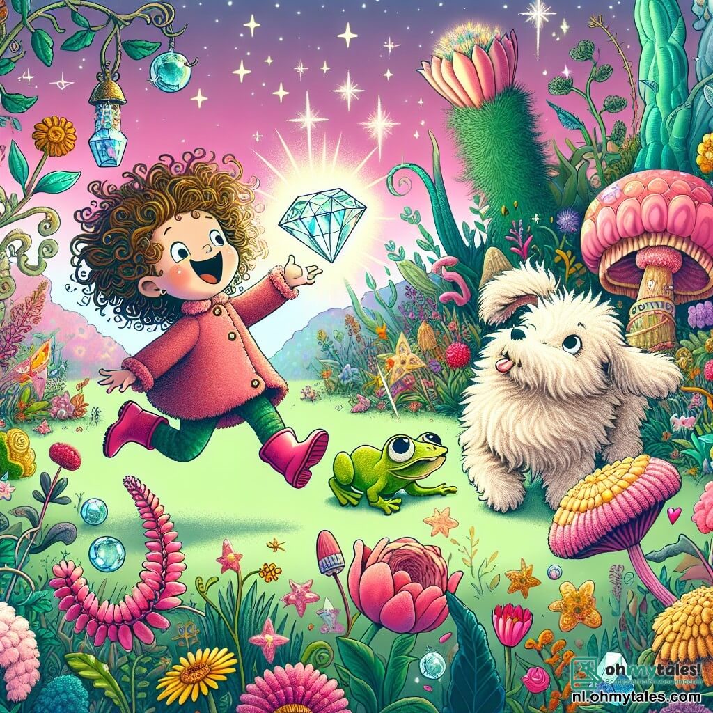 Une illustration sous forme de dessin destinée aux enfants représentant une jardin magique rempli de fleurs colorées et d'arbres aux formes étranges, où une petite fille de 5 ans aux cheveux bouclés et en désordre, portant des bottes roses, saute de joie en découvrant une grande pierre brillante qui émet des étincelles, tandis qu'un chien fluffy aux grandes oreilles, avec un air curieux, renifle la pierre, et une grenouille verte aux yeux ronds et malicieux s'apprête à sauter dans l'herbe, tous réunis dans un moment d'émerveillement et de surprise face à la magie qui se déploie autour d'eux.