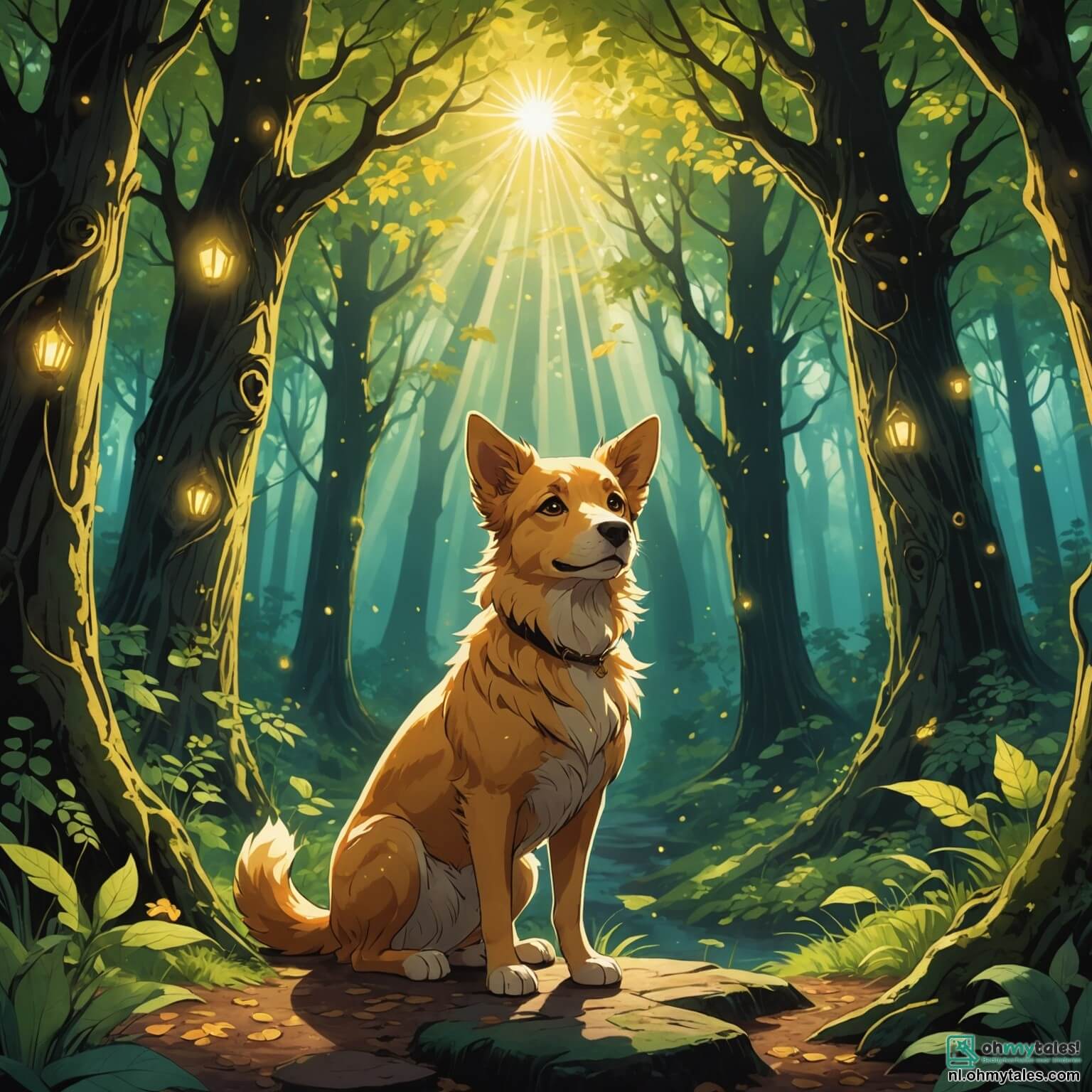 Une illustration destinée aux enfants représentant un chien au pelage doré brillant comme les rayons du soleil, aux yeux pétillants de curiosité et de bravoure, se tenant vaillamment à l'entrée d'une mystérieuse forêt enchantée où les arbres majestueux, aux troncs noueux et aux feuilles chatoyantes, s'entrelacent pour former un toit verdoyant, tandis qu'à ses côtés, une chatte au pelage noir comme la nuit, avec des yeux émeraude scintillants de malice, et un oiseau aux plumes éclatantes, chantant des mélodies joyeuses, l'encouragent à explorer les profondeurs de la grotte cachée, où des histoires anciennes et des trésors de sagesse attendent d'être découverts.
