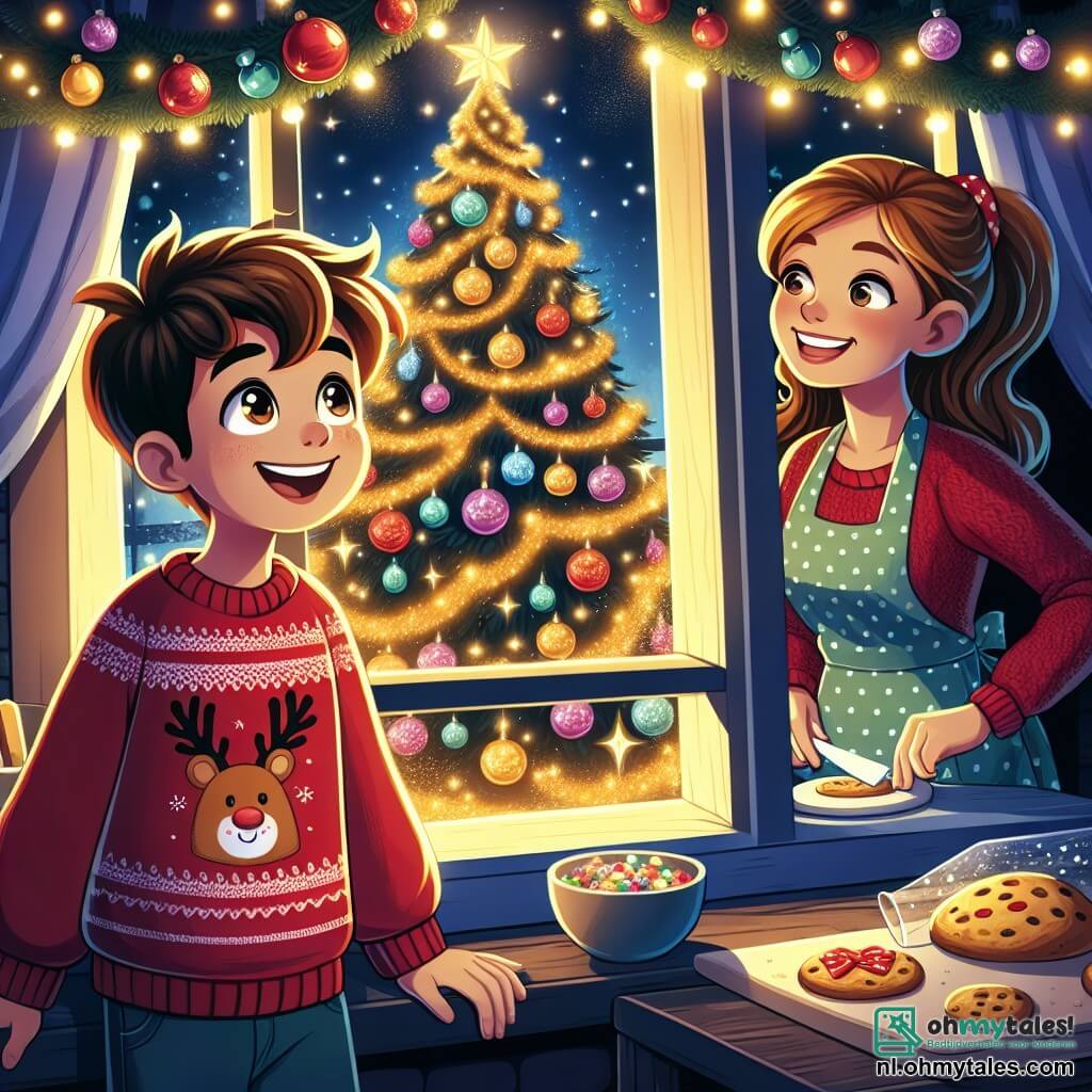Une illustration sous forme de dessin destinée aux enfants représentant une chaleureuse maison décorée pour Noël, avec une grande fenêtre illuminée où un garçon de 9 ans aux cheveux châtains et aux yeux pétillants, vêtu d'un pull rouge avec un motif de renne, se tient émerveillé devant un majestueux sapin de Noël orné de guirlandes scintillantes et de boules colorées, tandis qu'une femme souriante, sa mère, aux cheveux bruns et portant un tablier, prépare des biscuits de Noël sur la table à côté, créant une atmosphère festive et joyeuse, pleine de magie et d'amour familial.