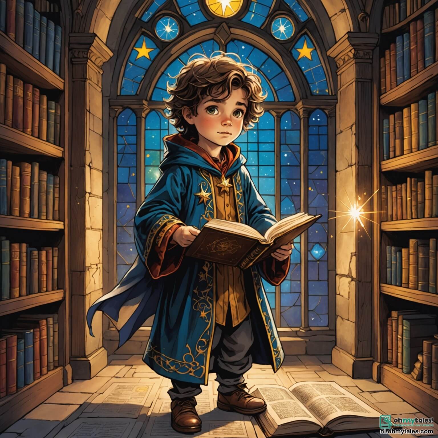 Une illustration destinée aux enfants représentant un jeune garçon aux cheveux ébouriffés et aux yeux pétillants de curiosité, vêtu d'une robe de sorcier ornée de motifs étoilés, se tenant dans une vieille et mystérieuse bibliothèque aux murs recouverts de livres poussiéreux, où des rayons de lumière filtrent à travers des fenêtres en vitrail coloré, tandis qu'il feuillette un ancien grimoire aux pages jaunies, entouré d'un sage hibou aux plumes argentées qui l'observe avec bienveillance, et d'une petite fée aux ailes scintillantes qui virevolte autour de lui, tous deux l'encourageant à découvrir les secrets de la magie qui l'entourent.