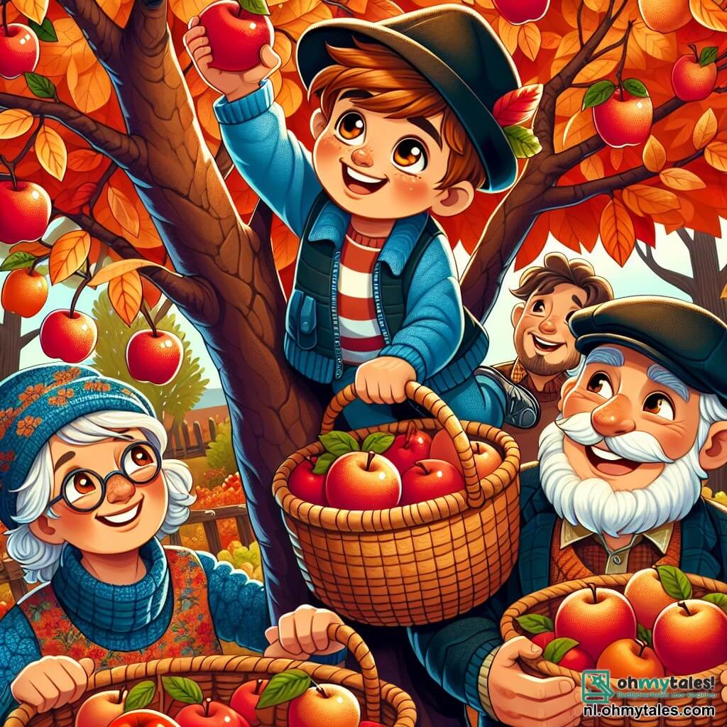 Une illustration sous forme de dessin destinée aux enfants représentant un charmant verger en automne, avec des arbres aux feuilles flamboyantes de rouge et d'or, où un garçon de 9 ans aux cheveux châtains et aux yeux pétillants, vêtu d'une veste bleue et d'un bonnet, est en train de grimper dans un pommier pour cueillir des pommes, tandis que ses grands-parents, une femme âgée avec des lunettes et un pull tricoté, et un homme barbu portant une casquette, l'encouragent avec des sourires et des paniers remplis de fruits, capturant l'esprit joyeux de la récolte automnale.