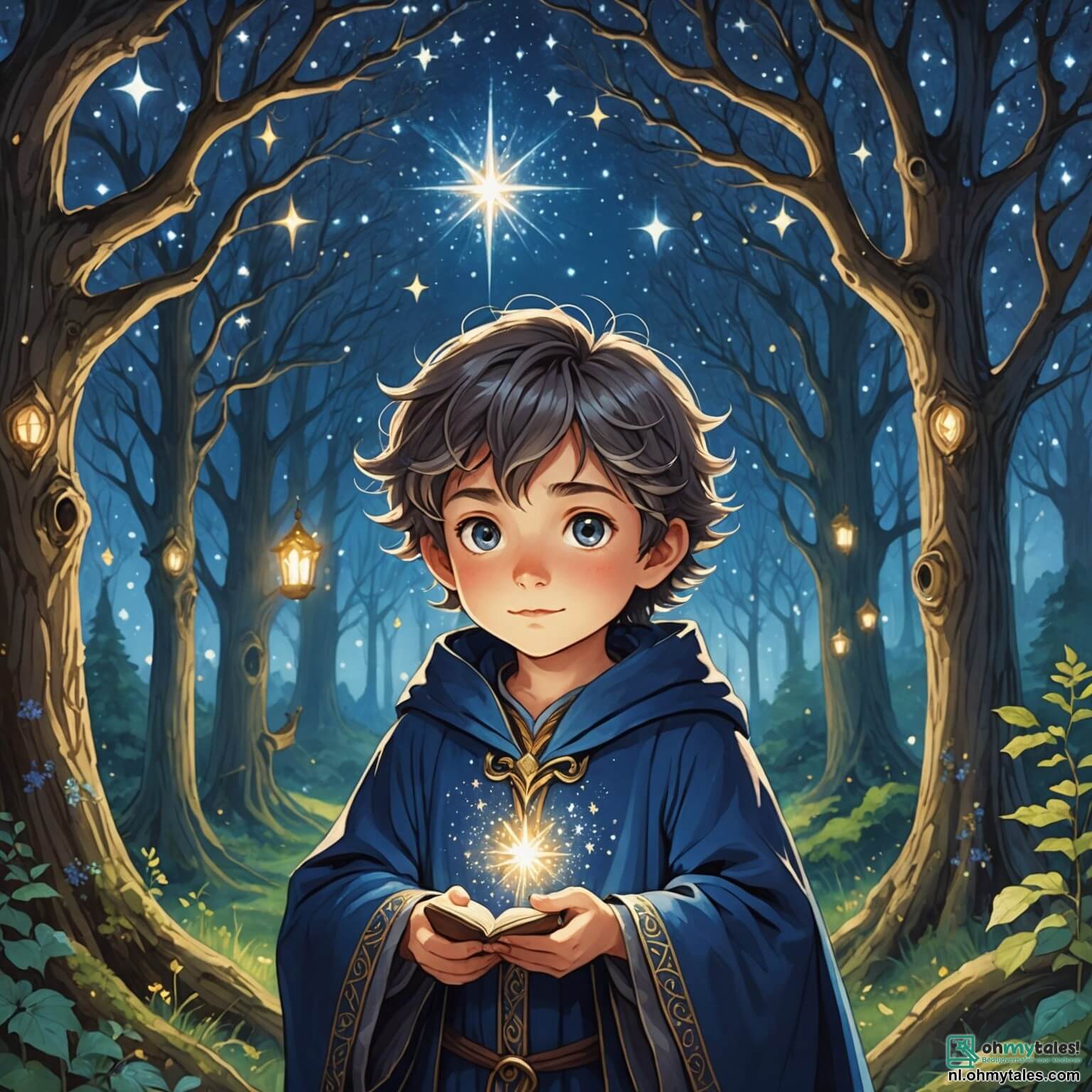 Une illustration destinée aux enfants représentant un jeune sorcier aux cheveux ébouriffés et aux yeux pétillants de curiosité, vêtu d'une robe d'un bleu profond ornée de motifs d'étoiles scintillantes, se tenant au cœur d'une forêt enchantée où les arbres majestueux aux troncs noueux s'élèvent vers un ciel étoilé, entouré de créatures magiques comme une petite chatte grise à la voix douce et amicale, qui l'accompagne dans sa quête pour découvrir les secrets de la magie, tout en affrontant des défis mystérieux et en nouant des liens d'amitié avec une courageuse sorcière aux cheveux argentés, dans un monde où les couleurs vibrantes des fleurs luminescentes illuminent le sentier sinueux qu'ils empruntent ensemble.