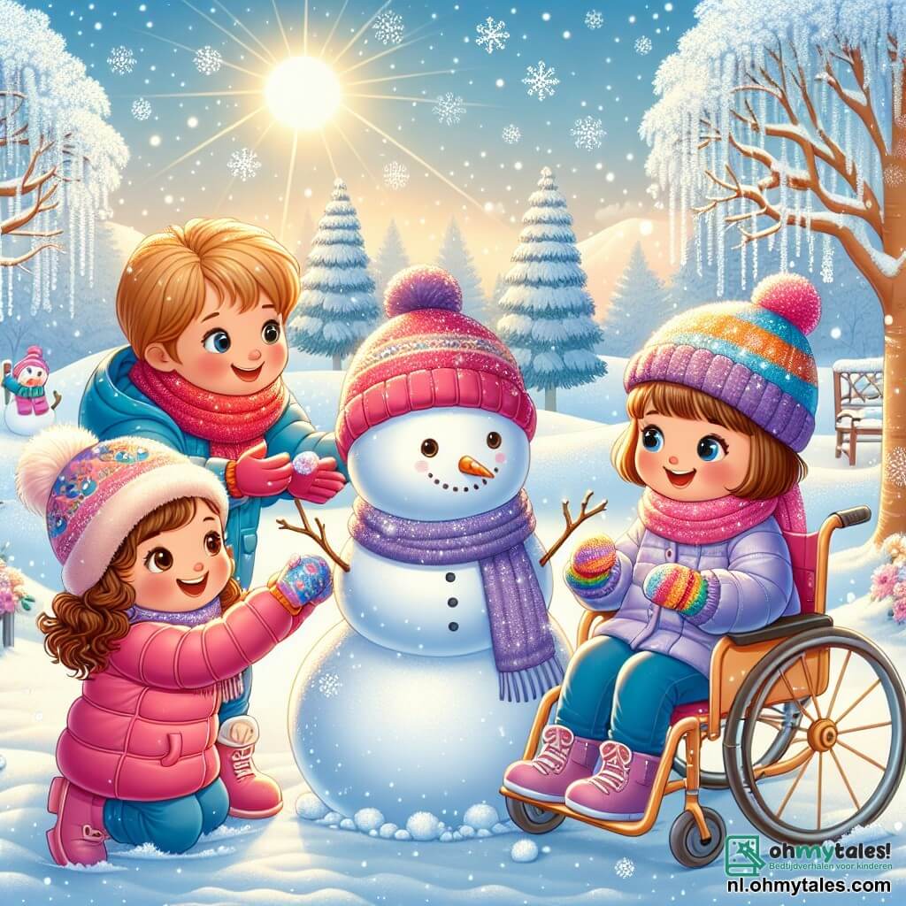 Illustratie van een besneeuwd park onder een heldere blauwe lucht, met bomen bedekt met glinsterende sneeuw. In het midden van de afbeelding bouwen drie meisjes van ongeveer 8 jaar een sneeuwpop. Een van de meisjes, met bruin, krullend haar, draagt een roze donsjack en een rode sjaal, en glimlacht vrolijk. Het tweede meisje, met blond, steil haar, is gekleed in een blauwe jas en kleurrijke handschoenen, en lacht terwijl ze een sneeuwbal vasthoudt. Het derde meisje, zittend in een mooie rolstoel, heeft kastanjebruin haar en draagt een dikke paarse sjaal, en kijkt met een grote glimlach naar haar vriendinnen. Op de achtergrond vallen sneeuwvlokken zachtjes en een gouden zon straalt, wat een vleugje magie toevoegt aan deze vrolijke winterscène.