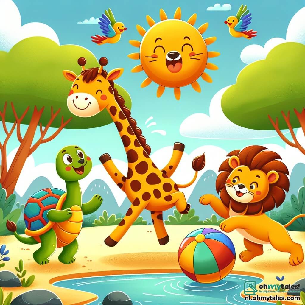Une illustration sous forme de dessin destinée aux enfants représentant une scène ensoleillée dans une clairière d'un grand bois, où une girafe à la longue cou et aux taches dorées danse joyeusement avec ses longues pattes, entourée de son ami, un lion aux crinières flamboyantes qui saute avec enthousiasme, et d'une tortue au plumage coloré qui vole autour d'eux, alors qu'ils s'amusent à jouer avec une grande balle brillante qui a roulé près de la rivière, créant une ambiance joyeuse et ludique.
