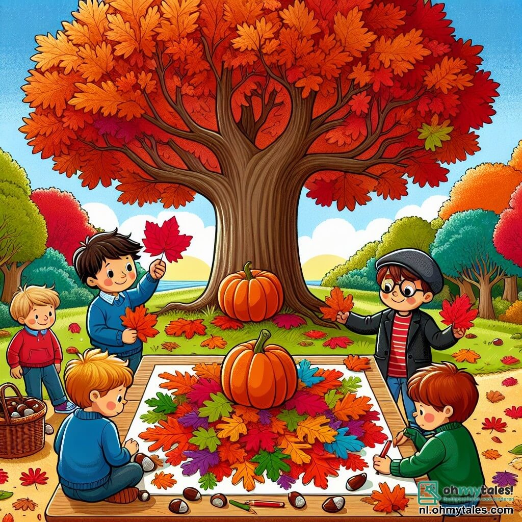 Illustratie van een park in de herfst, waar de bomen versierd zijn met bladeren in opvallende kleuren: rood, oranje en geel. De grond is bedekt met een tapijt van knisperende bladeren, en in het midden staat een majestueuze eik, met takken die zich uitstrekken als verwelkomende armen. Op de voorgrond staan vier jongens van ongeveer 10 jaar, allemaal lachend en vol energie. Een van hen heeft bruin haar en draagt een blauwe trui, hij houdt een groot rood blad vast. Een andere jongen, met blond haar en een muts, is kastanjes aan het rapen. De derde, met kastanjebruin haar en een groene jas, toont een pompoen die hij gevonden heeft, terwijl de laatste, met een bril en zwart haar, vormen in de bladeren tekent met een potlood. De hoofdscène toont de jongens die samenwerken om een grote herfstcollage te maken op een houten tafel, omringd door hun vondsten: kleurrijke bladeren, glanzende kastanjes en een mooie pompoen in het midden. De sfeer is vrolijk en feestelijk, met zonnestralen die door de takken van de bomen filteren en hun creativiteit verlichten.