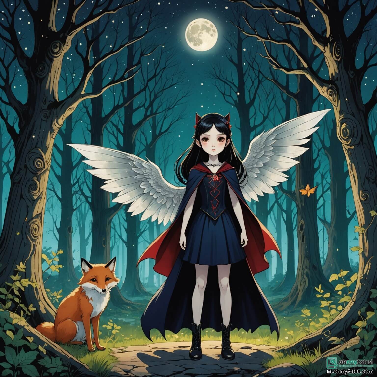 Une illustration destinée aux enfants représentant un vampire au regard pétillant et aux ailes scintillantes, une jeune fille à la chevelure d'ébène et à la peau pâle comme la lune, se tenant au cœur d'une forêt enchantée où les arbres majestueux aux troncs noueux s'élèvent vers le ciel étoilé, leurs feuilles brillantes comme des émeraudes, tandis qu'un groupe d'animaux curieux, comprenant un renard rusé et un hibou sage, l'entoure avec des expressions d'émerveillement, alors qu'elle tente de prouver aux habitants du village voisin, un groupe d'enfants intrépides, que les créatures de la nuit ne sont pas à craindre, mais qu'elles sont des amies prêtes à partager des aventures magiques sous le clair de lune.