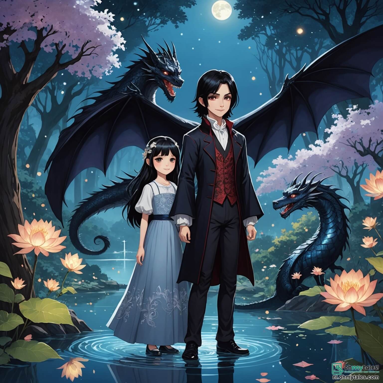 Une illustration destinée aux enfants représentant un vampire au sourire chaleureux, avec de longs cheveux noirs flottant comme des ombres dans la brise nocturne, se tenant au bord d'un scintillant lac de rêves, entouré de fleurs luminescentes et de grands arbres aux feuilles argentées, tandis qu'une petite fille aux yeux pétillants de curiosité et un dragon bleu aux écailles brillantes, tous deux remplis d'audace et de magie, se tiennent à ses côtés, prêts à vivre une aventure incroyable dans le mystérieux Vergeten Bos, où la lumière des étoiles danse sur l'eau et où les murmures des créatures enchantées résonnent à chaque coin.