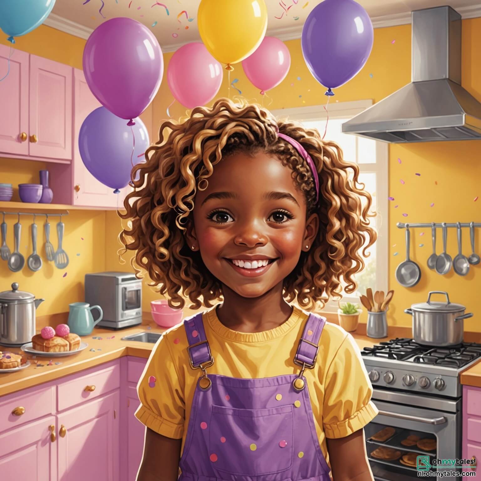 Une illustration destinée aux enfants représentant une petite fille pétillante aux cheveux bouclés et dorés, illuminée par un sourire éclatant, se tenant au milieu d'une cuisine chaleureuse aux murs peints en jaune pastel, où des ballons roses et violets flottent joyeusement au plafond, tandis qu'une délicieuse odeur de gâteau au chocolat se mêle à celle des sprinkles colorés, entourée de ses amis, une fille aux tresses brunes et un garçon aux lunettes rondes, tous impatients de célébrer ensemble son cinquième anniversaire, dans une ambiance festive remplie de rires et de bonheur.