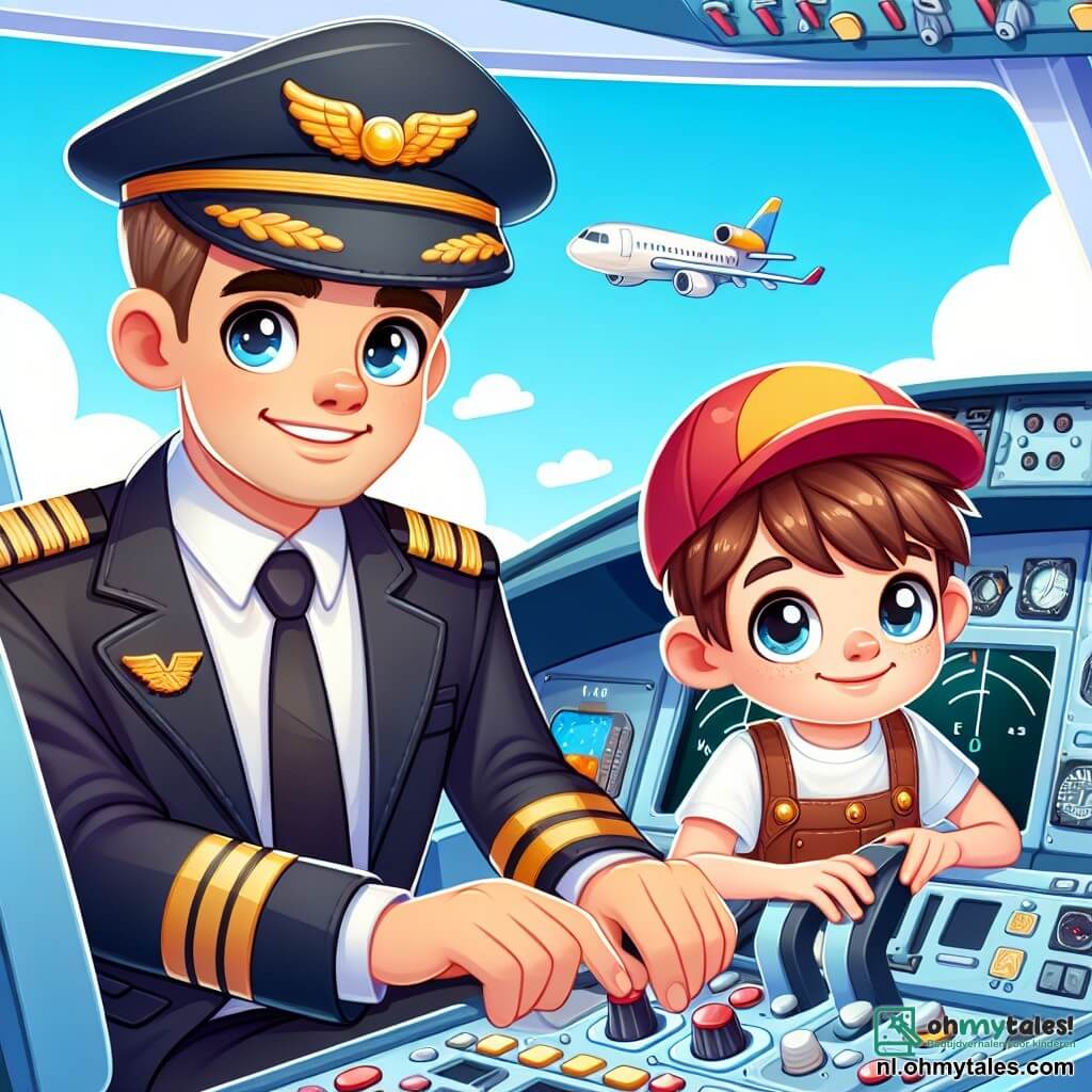 Une illustration sous forme de dessin destinée aux enfants représentant une scène animée sur une aéroport ensoleillé, avec un homme en uniforme de pilote, portant une casquette ornée d'une aile dorée et un sourire chaleureux, assis dans le cockpit d'un grand avion, tandis qu'un garçon aux cheveux bruns et à la casquette rouge, les yeux brillants d'émerveillement, observe avec fascination les instruments de vol, symbolisant l'amitié naissante et le rêve de voler ensemble vers de nouvelles aventures.