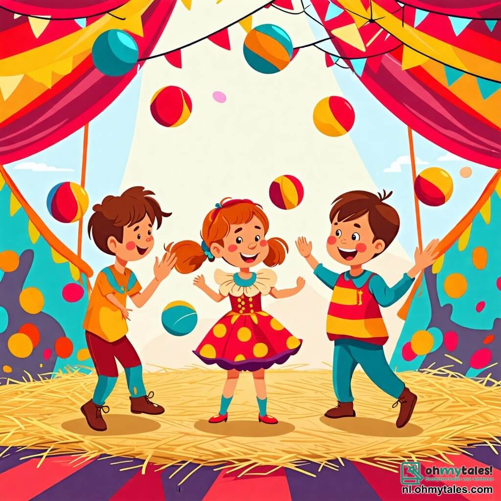 Illustratie van een levendige en kleurrijke scène binnen een grote circustent. De vloer is bedekt met stro en kleurrijke tapijten, terwijl fonkelende lichten de plek verlichten en een feestelijke sfeer creëren. In het midden jongleert een jongen van ongeveer 10 jaar, met rommelig bruin haar en een stralende glimlach, met drie kleurrijke ballen, zijn ogen fonkelend van opwinding. Naast hem staat een meisje van ongeveer 9 jaar, met gevlochten blond haar en een glanzend kostuum, dat enthousiast applaudisseert, haar wangen gekleurd van opwinding. Op de achtergrond maakt een blije clown, met een wit geschilderd gezicht en een grote rode neus, grimasen, wat een vleugje humor aan de scène toevoegt. Kinderen in het publiek kijken verwonderd met grote ogen, sommigen met kleurrijke snoepjes in de hand. Ballonnen zweven in de lucht en een grote kleurrijke banner verwelkomt "Welkom bij Circus Fantasia". De sfeer is gevuld met vreugde en magie, wat de geest van een onvergetelijke dag in het circus vastlegt.