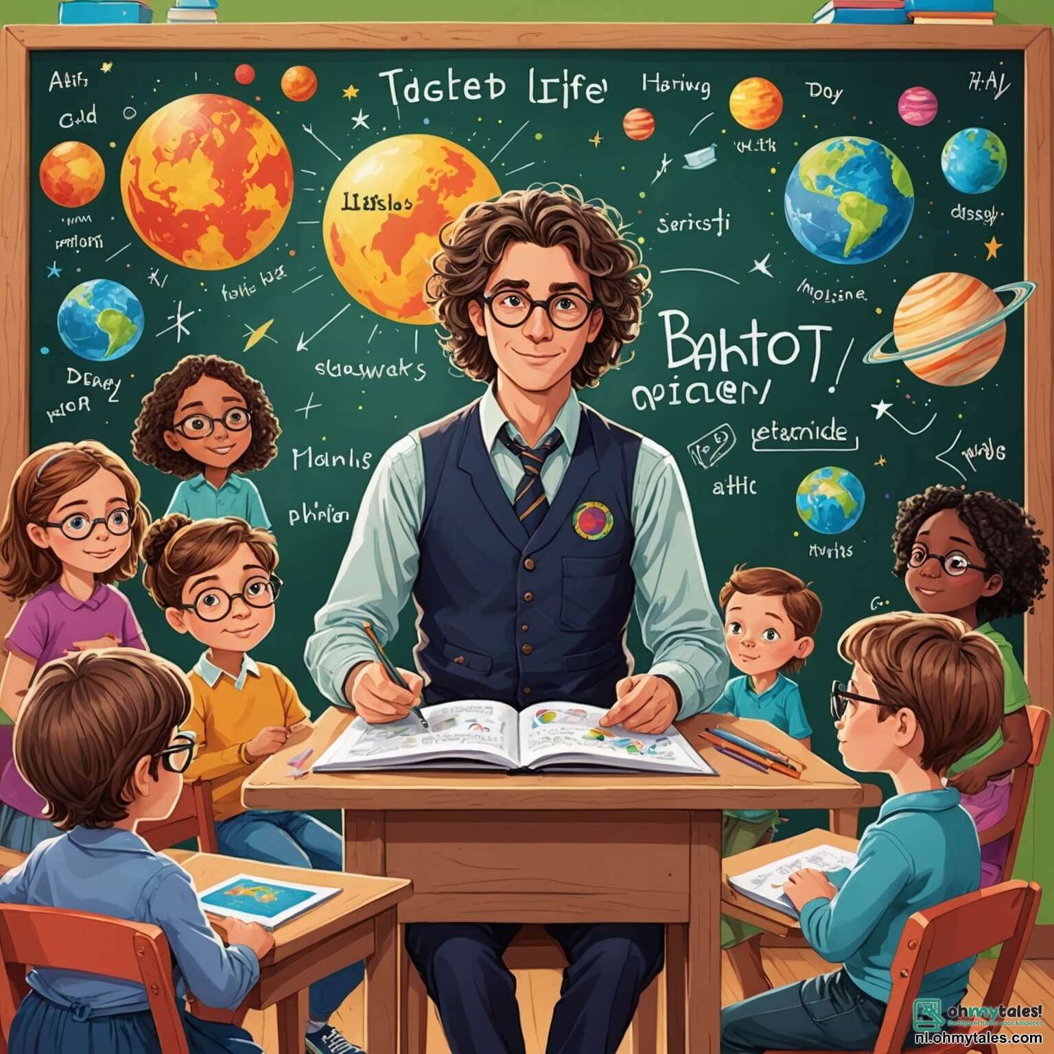 Une illustration destinée aux enfants représentant un instituteur passionné, un homme à la chevelure ébouriffée et aux lunettes rondes, debout devant un tableau noir couvert de dessins colorés et de mots magiques, entouré de ses élèves, une fille aux longues tresses et un garçon aux yeux pétillants, tous assis sur des chaises en bois aux couleurs vives dans une classe lumineuse aux murs ornés de posters d'animaux et de planètes, où le soleil filtre à travers les grandes fenêtres, créant une atmosphère chaleureuse et accueillante, alors qu'ils s'apprêtent à découvrir ensemble les merveilles de la nature et de l'espace à travers des projets captivants et des aventures d'apprentissage.