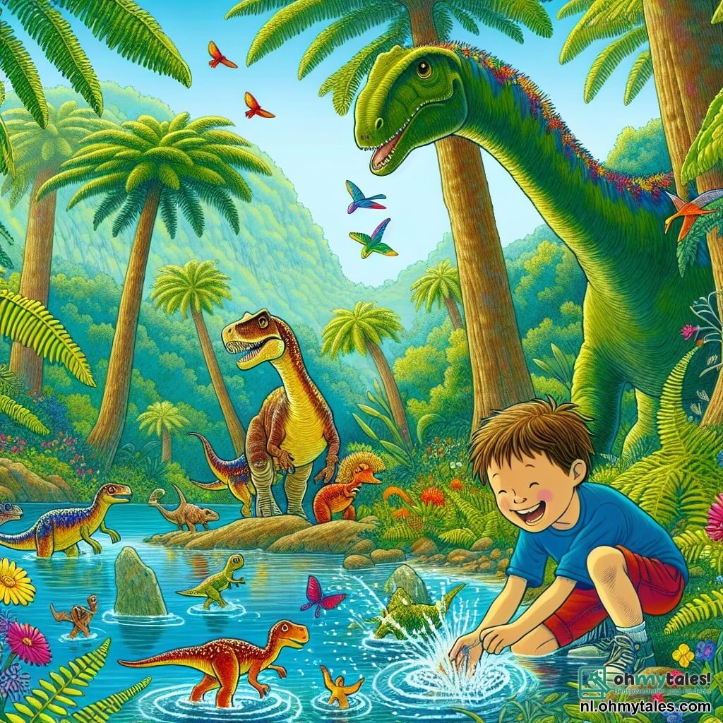 Illustratie van een levendige prehistorische scène, met een uitgestrekt groen landschap vol grote varens en majestueuze bomen met dikke stammen. In het midden staat een 5-jarig jongetje met rommelig bruin haar en nieuwsgierige sprankelende ogen, gekleed in een blauwe t-shirt en een rode korte broek. Hij lacht en speelt in het water van een kristalheldere rivier, terwijl hij vrolijk om zich heen spettert. Naast hem leunt een grote langnekdinosaurus met groene huid en gele vlekken om water te drinken. Ze heeft een vriendelijke en zachte uitstraling en lijkt het jongetje aan te moedigen om plezier te hebben. Op de achtergrond speelt een groepje kleurrijke kleine dinosaurussen samen, wat een dynamisch element aan de scène toevoegt. De hoofdsituatie toont het jongetje dat zich vermaakt in het water, omringd door zijn nieuwe prehistorische vrienden, terwijl ze samen de schoonheid van de natuur ontdekken. Stralende bloemen en kleurrijke vlinders fladderen om hen heen, wat een vrolijke en magische sfeer creëert, symboliserend avontuur en vriendschap door de tijd heen.