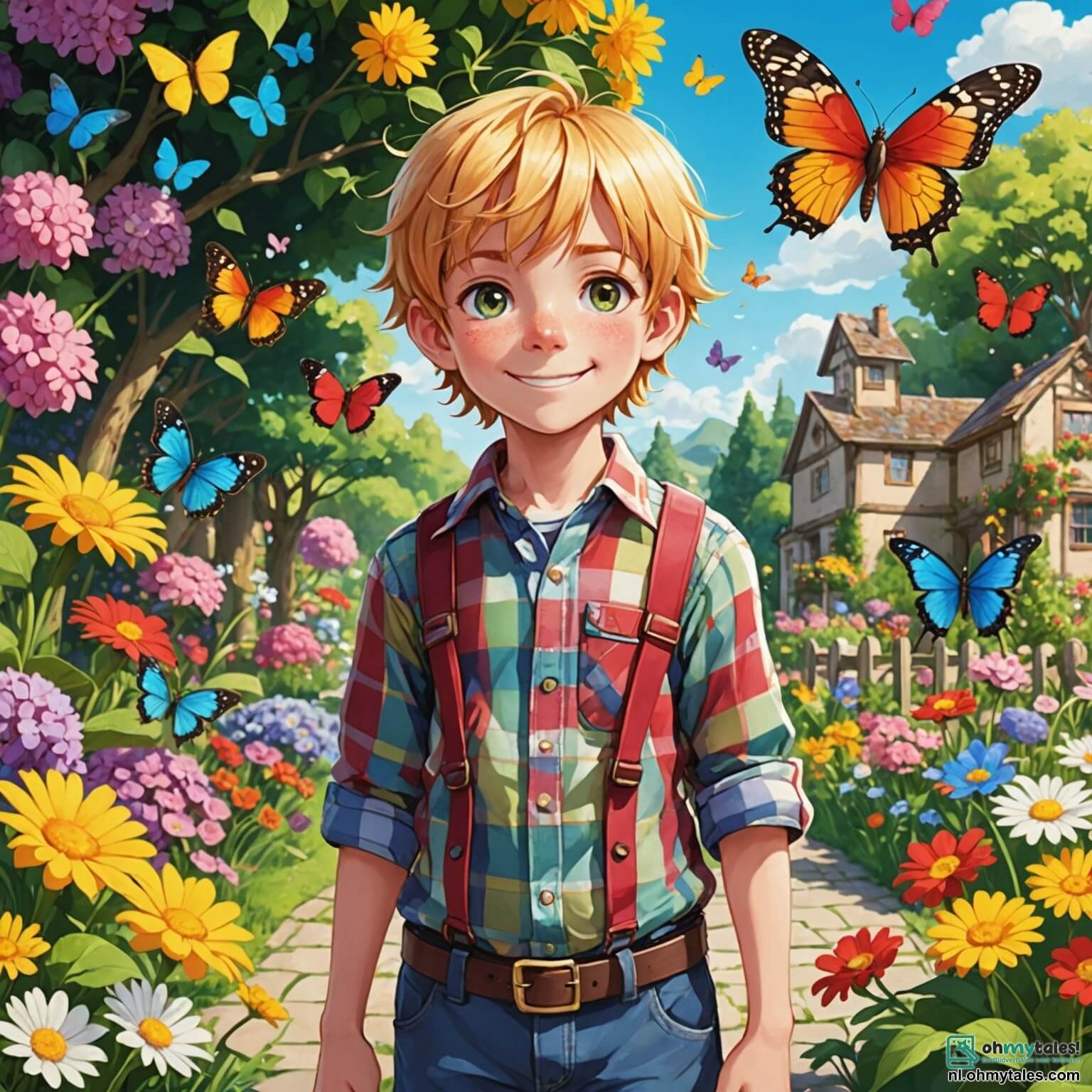 Une illustration destinée aux enfants représentant un garçon aux cheveux dorés et aux yeux pétillants, vêtu d'une chemise à carreaux colorés, se tenant dans un jardin enchanteur rempli de fleurs éclatantes et de papillons virevoltants, tandis qu'il s'apprête à partir à la recherche d'œufs de Pâques cachés par une adorable petite fille aux couettes rousses, qui l'encourage avec un sourire malicieux, le tout sous un ciel bleu azur parsemé de nuages cotonneux et d'un soleil radieux qui illumine cette scène joyeuse et printanière.