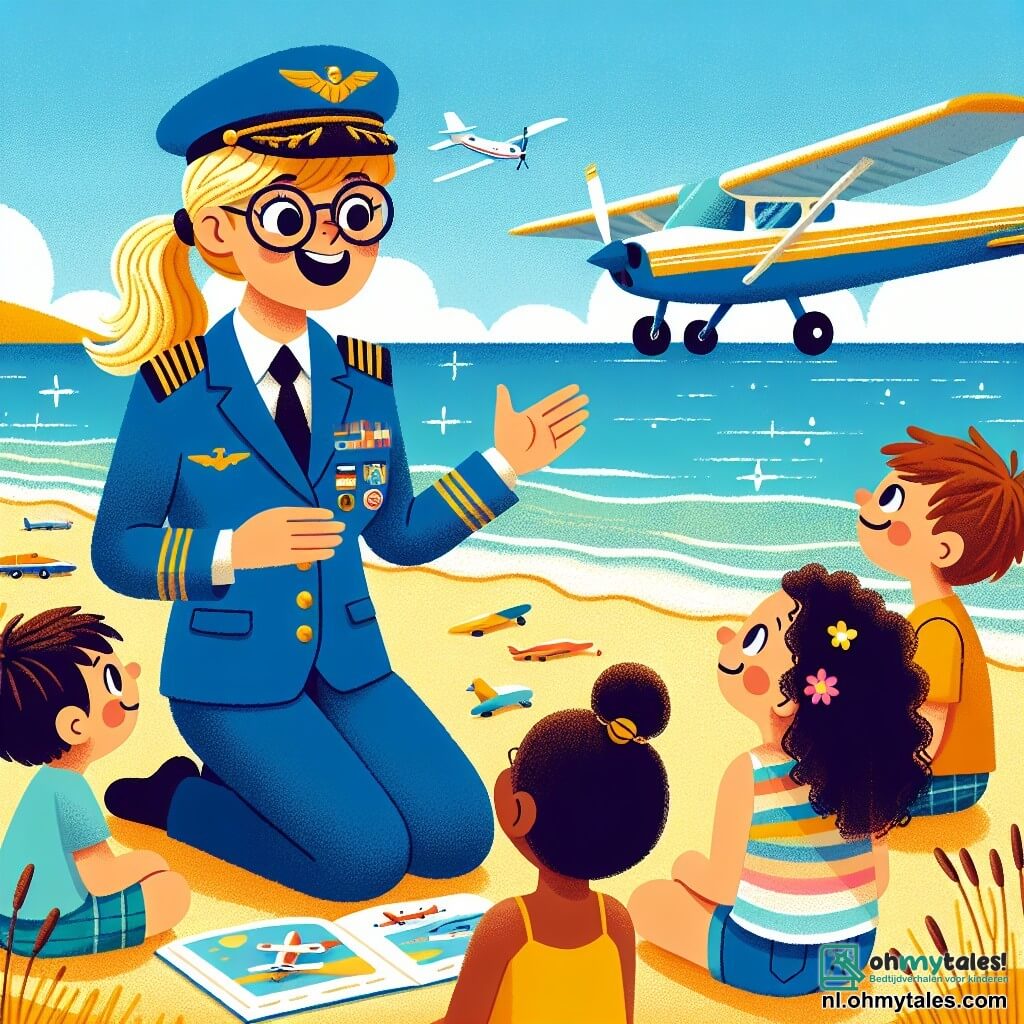 Illustratie van een zonnige scène op een strand met gouden zand, omringd door glinsterend turquoise water. Op de achtergrond staat een klein sportvliegtuig geparkeerd op de startbaan, met glanzende vleugels die het zonlicht weerkaatsen. 

Op de voorgrond staat een vrouwelijke piloot met blond haar in een paardenstaart, gekleed in een blauwe pilotenuniform met gouden schouderstukken. Ze glimlacht vrolijk terwijl ze enthousiast uitleg geeft aan de kinderen, met een modelvliegtuig in haar handen. 

Om haar heen staat een groep van vier kinderen, twee jongens en twee meisjes, van ongeveer 8 tot 10 jaar oud. Een van de jongens, met een rode pet, kijkt met grote ogen, terwijl een meisje met krullend haar en een kleurrijke jurk haar hand opsteekt om een vraag te stellen. De andere kinderen, een jongen met een bril en een meisje met een scrunchie, luisteren aandachtig, geboeid door het verhaal van de piloot. 

De hoofdscène toont de vrouwelijke piloot die haar passie voor vliegen deelt met de kinderen, omringd door hun strandspeelgoed en verwonderde glimlachen. Witte wolken drijven in de blauwe lucht, en kleurrijke vliegers dansen boven hen, wat een vleugje magie toevoegt aan deze vrolijke en inspirerende scène.