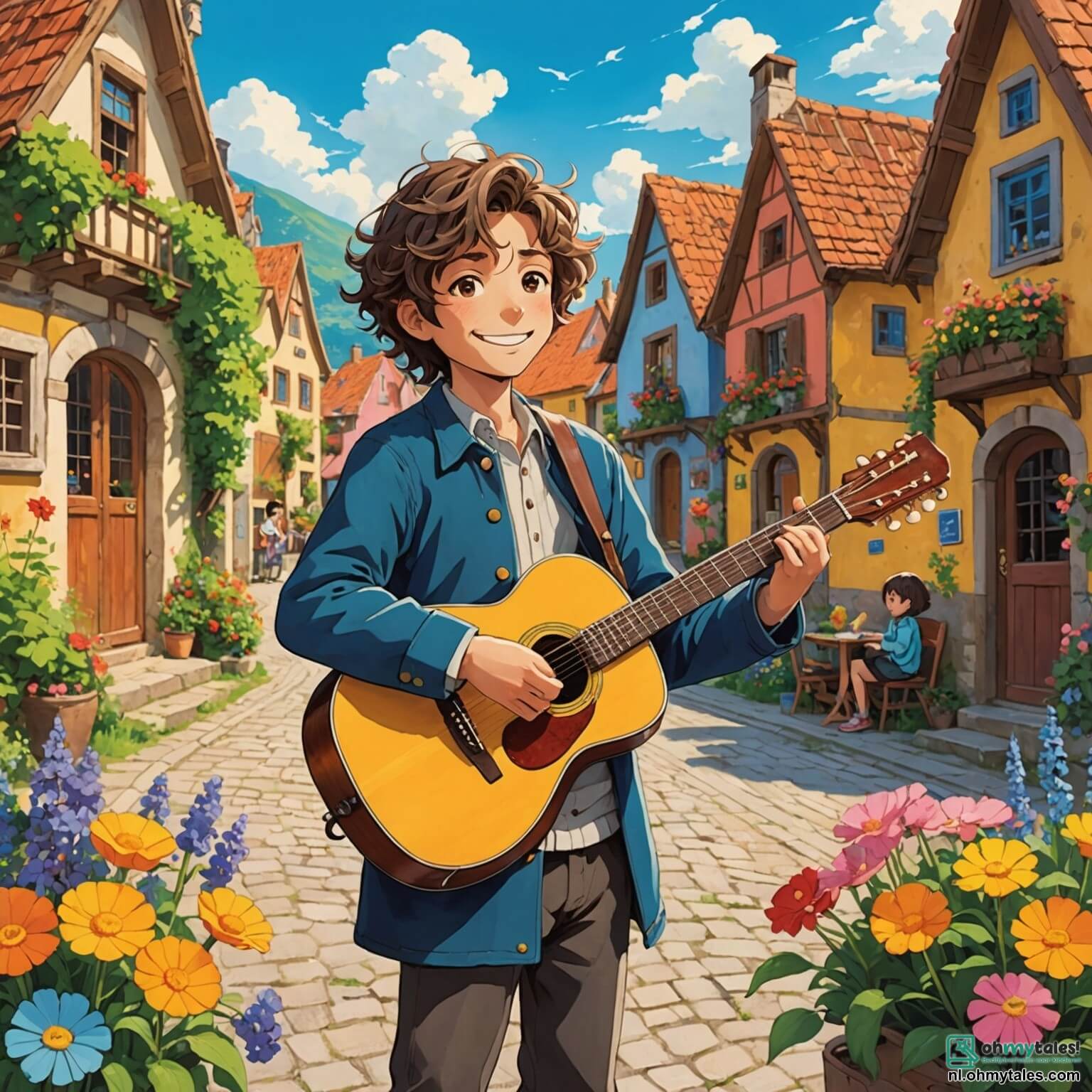 Une illustration destinée aux enfants représentant un homme à la chevelure ondulée et à la voix envoûtante, portant une guitare usée et arborant un sourire chaleureux, qui, dans le charmant village de Zangstad, où les maisons colorées sont entourées de jardins fleuris et où l'air est empli des doux parfums de pain frais et de fleurs éclatantes, se retrouve à partager sa passion pour la musique avec une jeune fille pétillante aux yeux brillants, pleine de curiosité et de rêves, alors qu'ils chantent ensemble sous un ciel bleu azur, entourés de rires d'enfants et de l'écho des oiseaux, créant ainsi une mélodie qui unit les cœurs et fait vibrer l'âme de tous les habitants du village.
