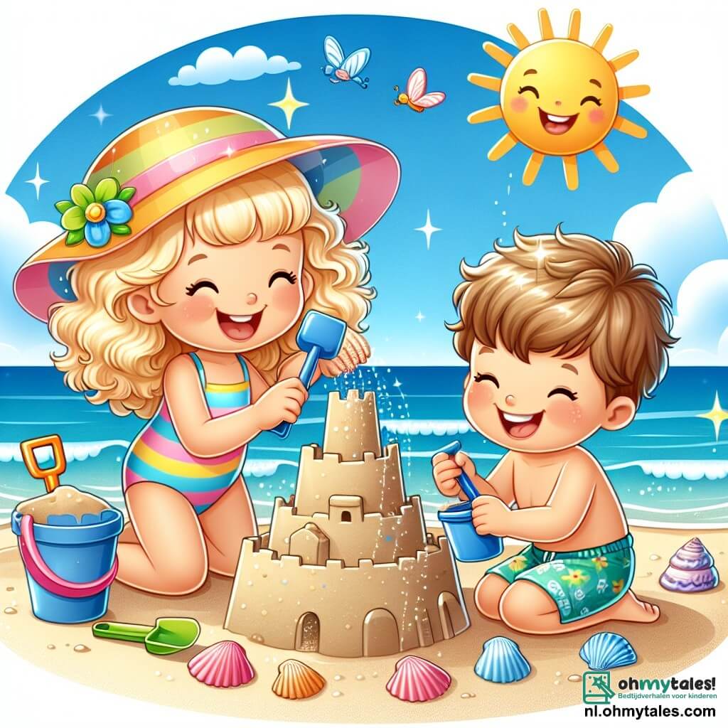 Une illustration sous forme de dessin destinée aux enfants représentant une plage ensoleillée avec des vagues douces, où une fille de 7 ans aux cheveux blonds et bouclés, portant un maillot de bain coloré et un chapeau de soleil, s'amuse à construire un grand château de sable, tandis que son petit frère, un garçon de 5 ans aux cheveux bruns et courts, s'agenouille à côté d'elle, tenant une pelle et un seau, et tous deux sont entourés de coquillages brillants et de rires, capturant l'esprit joyeux de leurs vacances d'été.