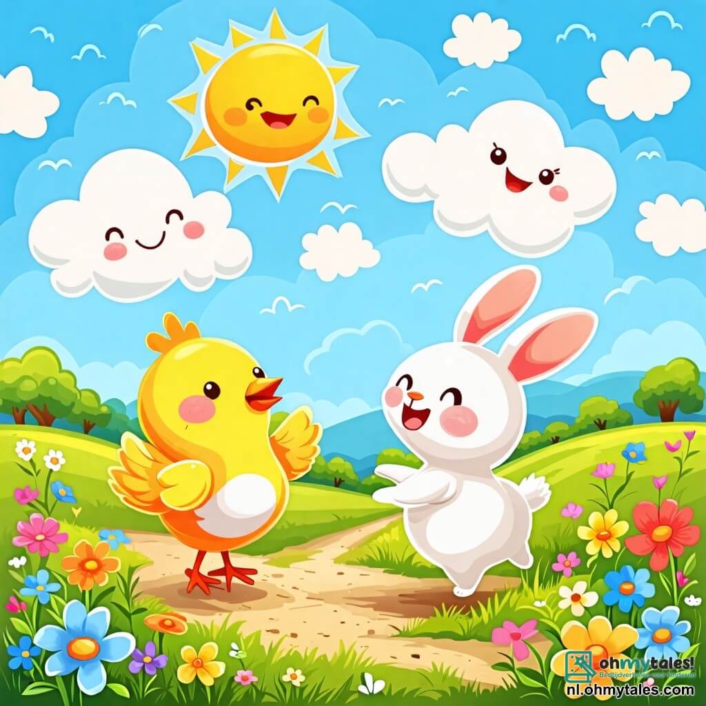Une illustration sous forme de dessin destinée aux enfants représentant une charmante ferme ensoleillée avec des champs verdoyants en arrière-plan, où une poule aux plumes dorées et brillantes danse joyeusement sur un petit chemin de terre, tandis qu'un adorable petit lapin aux grandes oreilles et à la fourrure blanche l'observe en riant, tous deux entourés de fleurs colorées et d'un ciel bleu parsemé de nuages moelleux, capturant l'esprit ludique et amusant de leur danse ensemble.