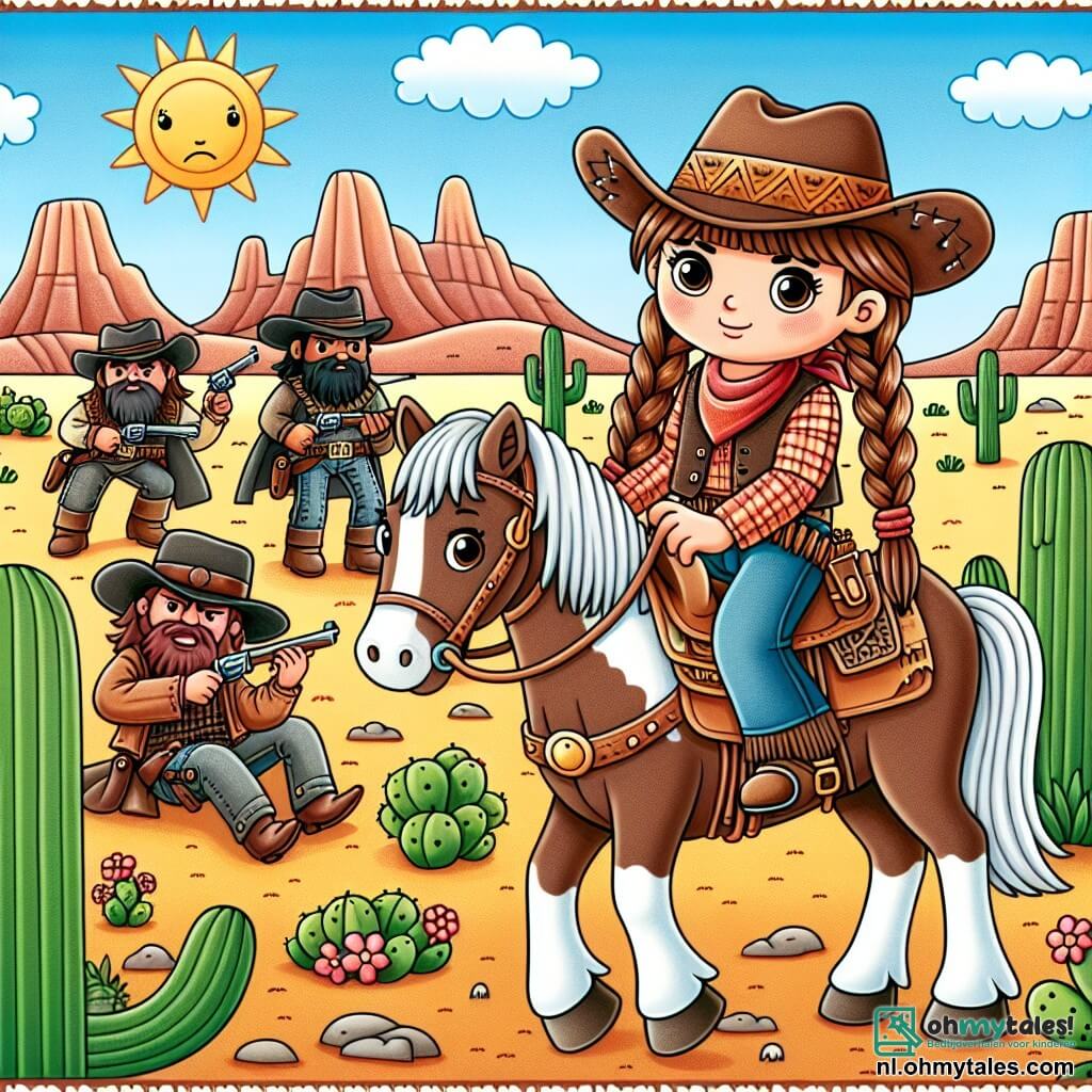 Une illustration sous forme de dessin destinée aux enfants représentant une prairie vaste et ensoleillée du Far West, avec une cowgirl courageuse aux cheveux châtains tressés, portant un chapeau de cowboy et une chemise à carreaux, montant un mustang brun et blanc, tandis qu'un groupe de bandits aux visages burinés et aux vêtements usés se prépare à une attaque, tous entourés de cactus et de collines lointaines, illustrant le moment où la cowgirl se dresse fièrement pour défendre son village contre les malfaiteurs.