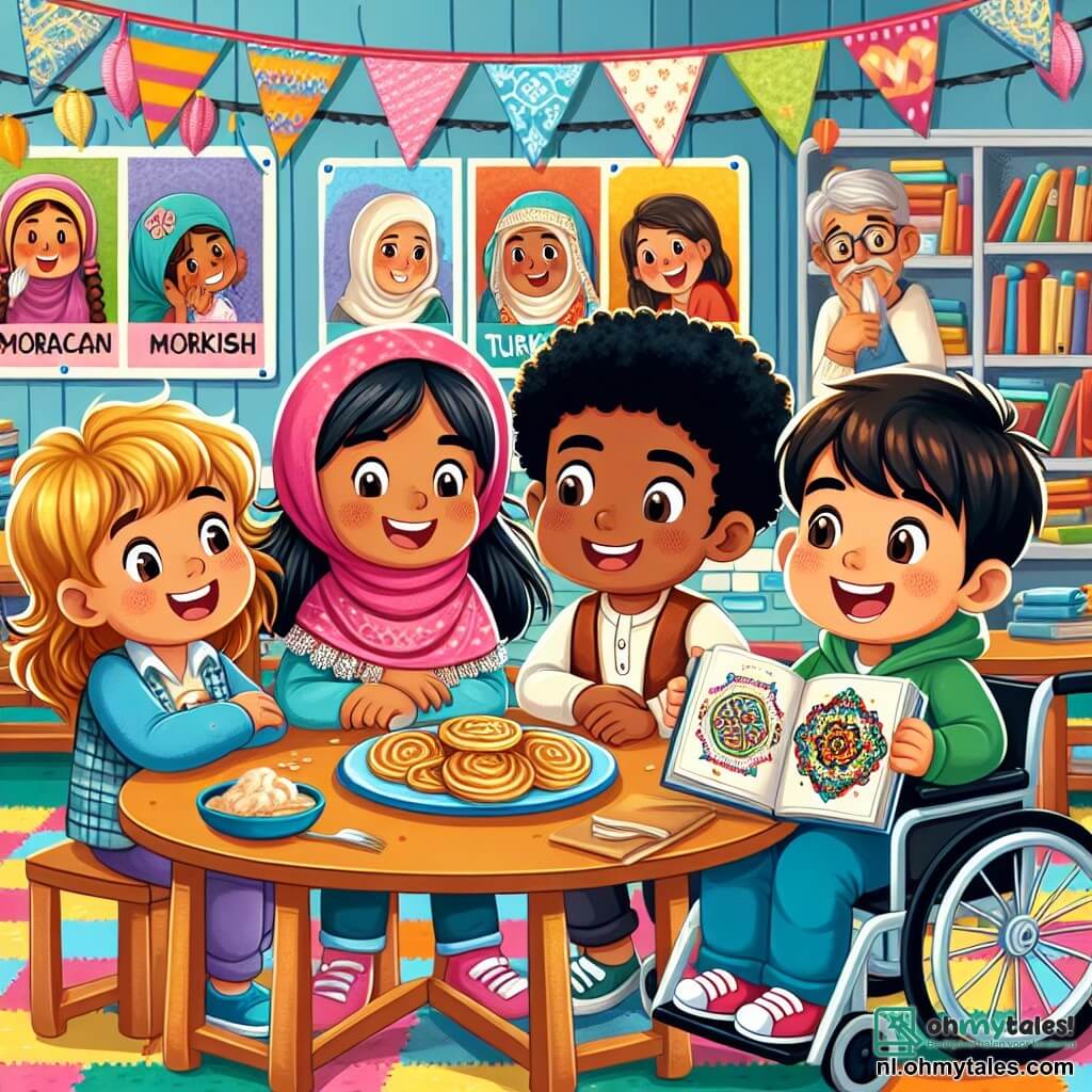 Illustratie van een groep van vier jonge vrienden in een kleurrijke klaslokaal, versierd met tekeningen en vlaggen van verschillende landen. De muren zijn versierd met educatieve posters over culturele diversiteit, en de tafels zijn vol met boeken en snacks. In het midden van de afbeelding glimlacht een meisje met blond, krullend haar, ongeveer zeven jaar oud, vrolijk terwijl ze een groot bord pannenkoeken vasthoudt. Naast haar legt een meisje van Marokkaanse afkomst, met bruin, steil haar en een kleurrijke sjaal, enthousiast een traditioneel gerecht uit, met sprankelende ogen van passie. Een jongen van Turkse afkomst, met zwart haar en bruine ogen, leest een geïllustreerd boek, wat de aandacht van zijn vrienden trekt. Tot slot toont een meisje van Aziatische afkomst, in een rolstoel, een video op haar telefoon, met een grote glimlach, en moedigt ze de anderen aan om te dansen. De scène straalt een sfeer van vreugde en kameraadschap uit, waar de kinderen hun respectieve culturen delen, wat het belang van vriendschap en wederzijds respect illustreert. Op de achtergrond luisteren ouders en andere kinderen aandachtig, wat een gevoel van gemeenschap en inclusie creëert. Grafische elementen zoals kleurrijke ballonnen en slingers voegen een feestelijke toets toe aan de hele illustratie.